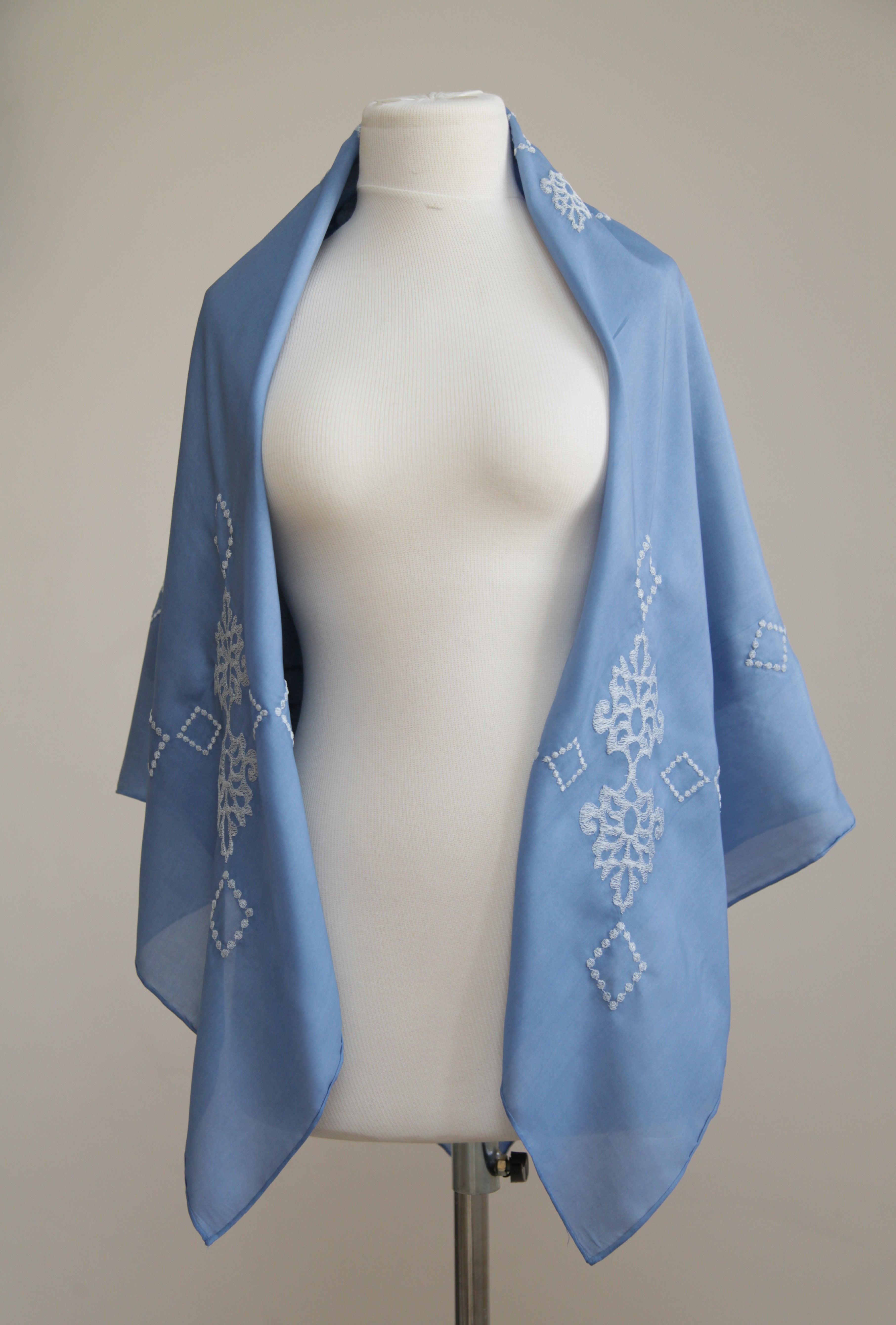 Silk Blue Scarf with White Embroidery - 110x110cm