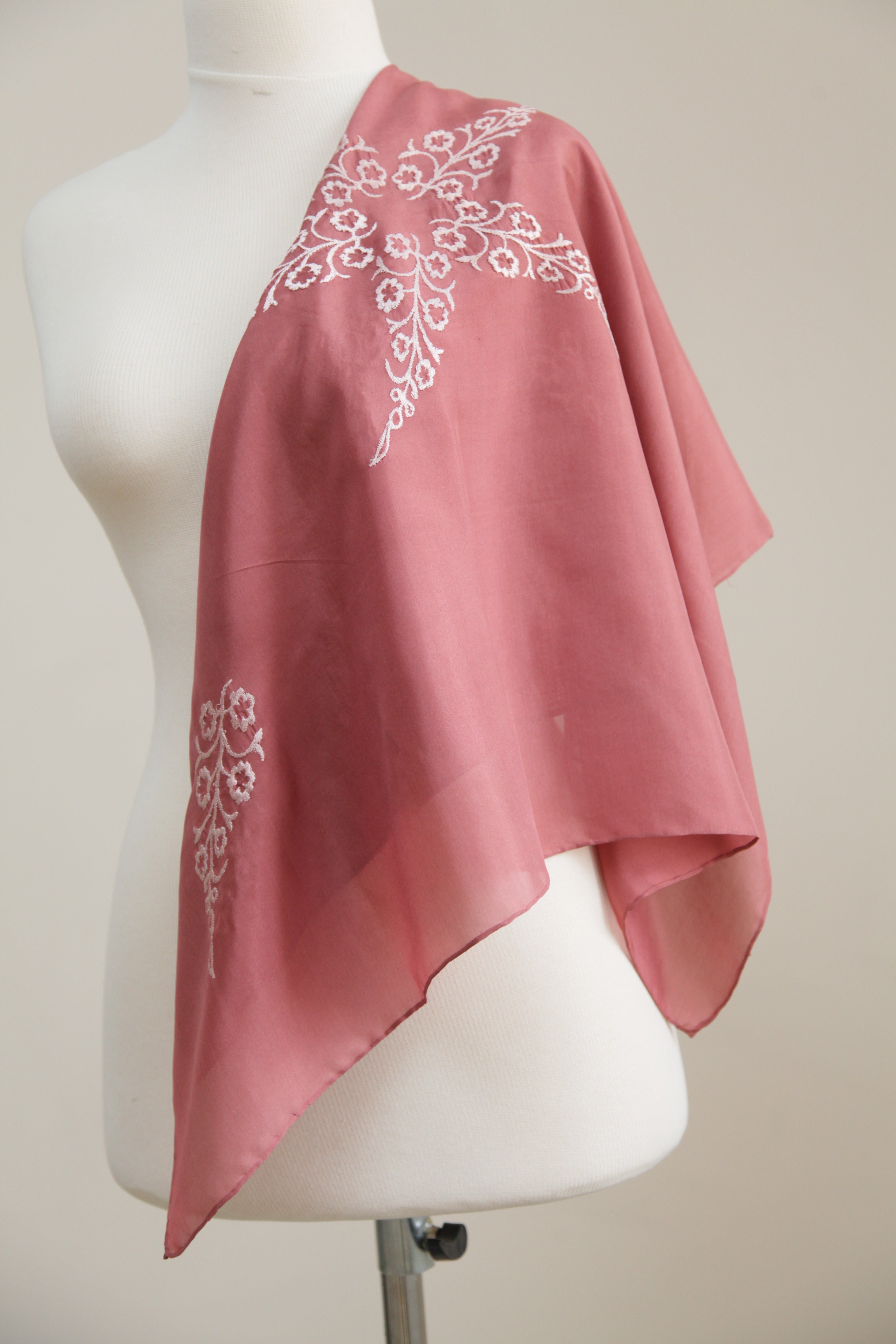 Silk Brown Rose Scarf with Powder color Embroidery - 110x110cm