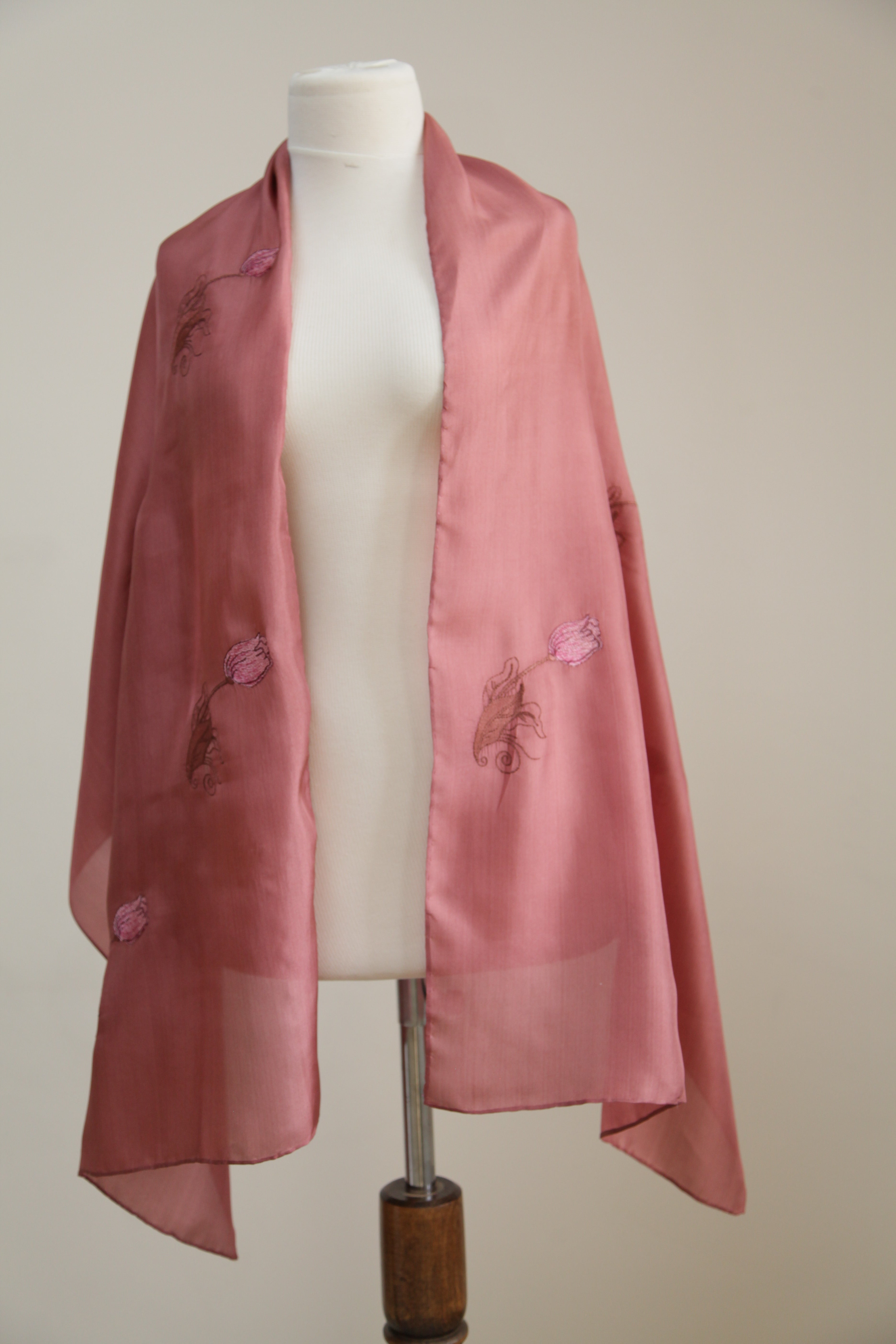 Silk Brown Rose Scarf with Powder color Embroidery - 75x75cm