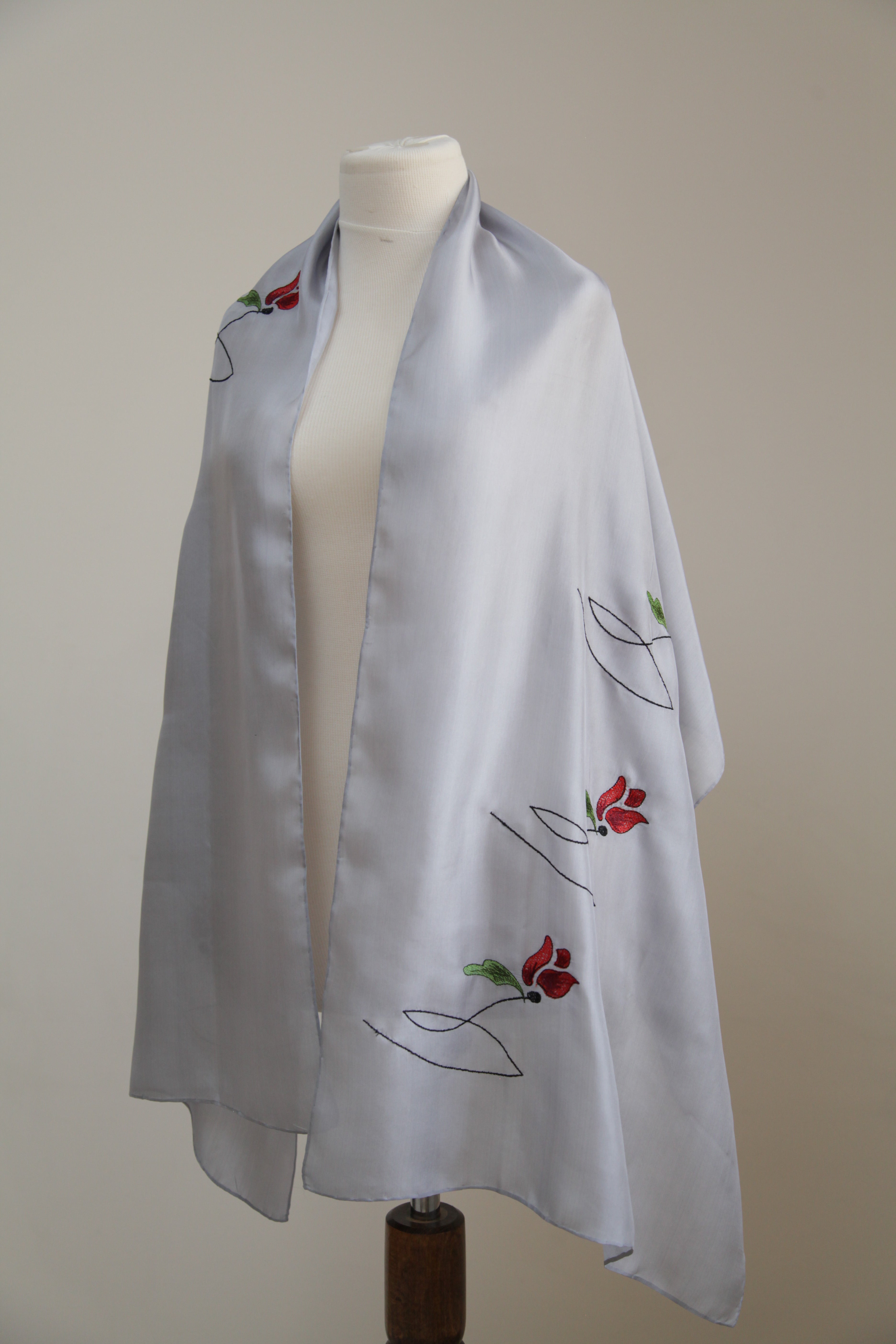 Silk Light grey Scarf with red green and black Embroidery - 56x180cm