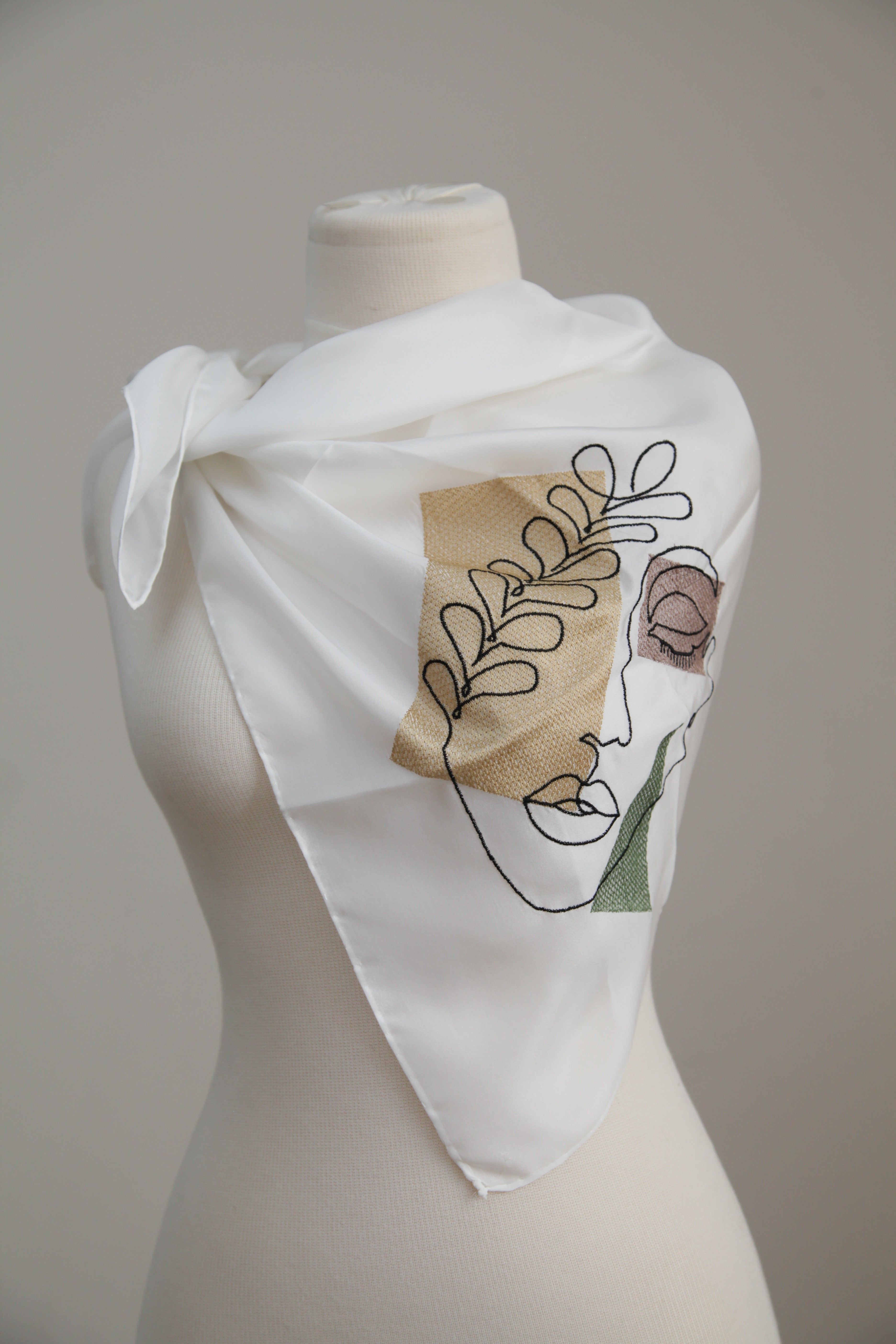 Silk White Scarf with Black Beige Brown and Khaki Embroidery - 75x75cm