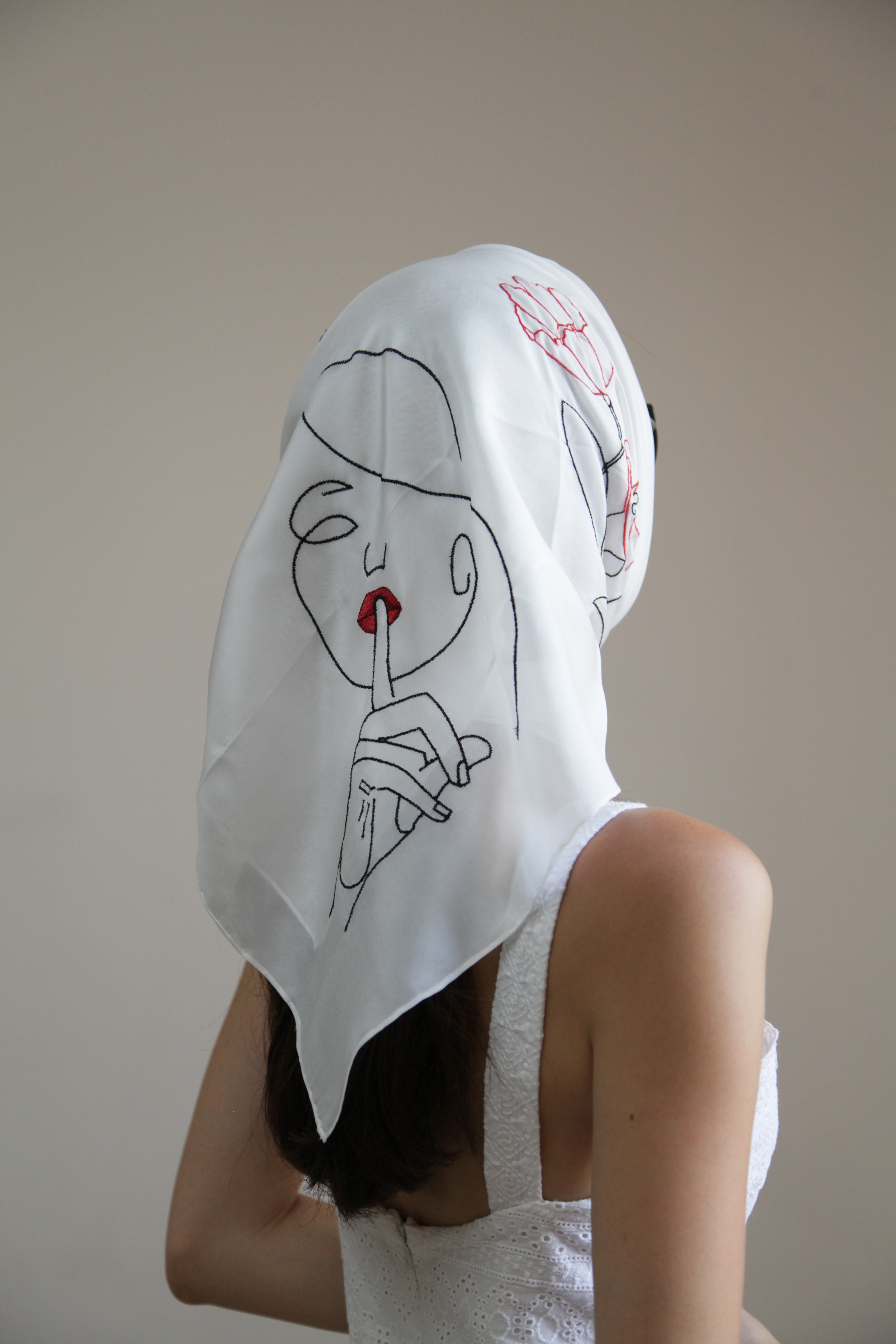 Silk White Scarf with Black and Red Embroidery - 75x75cm