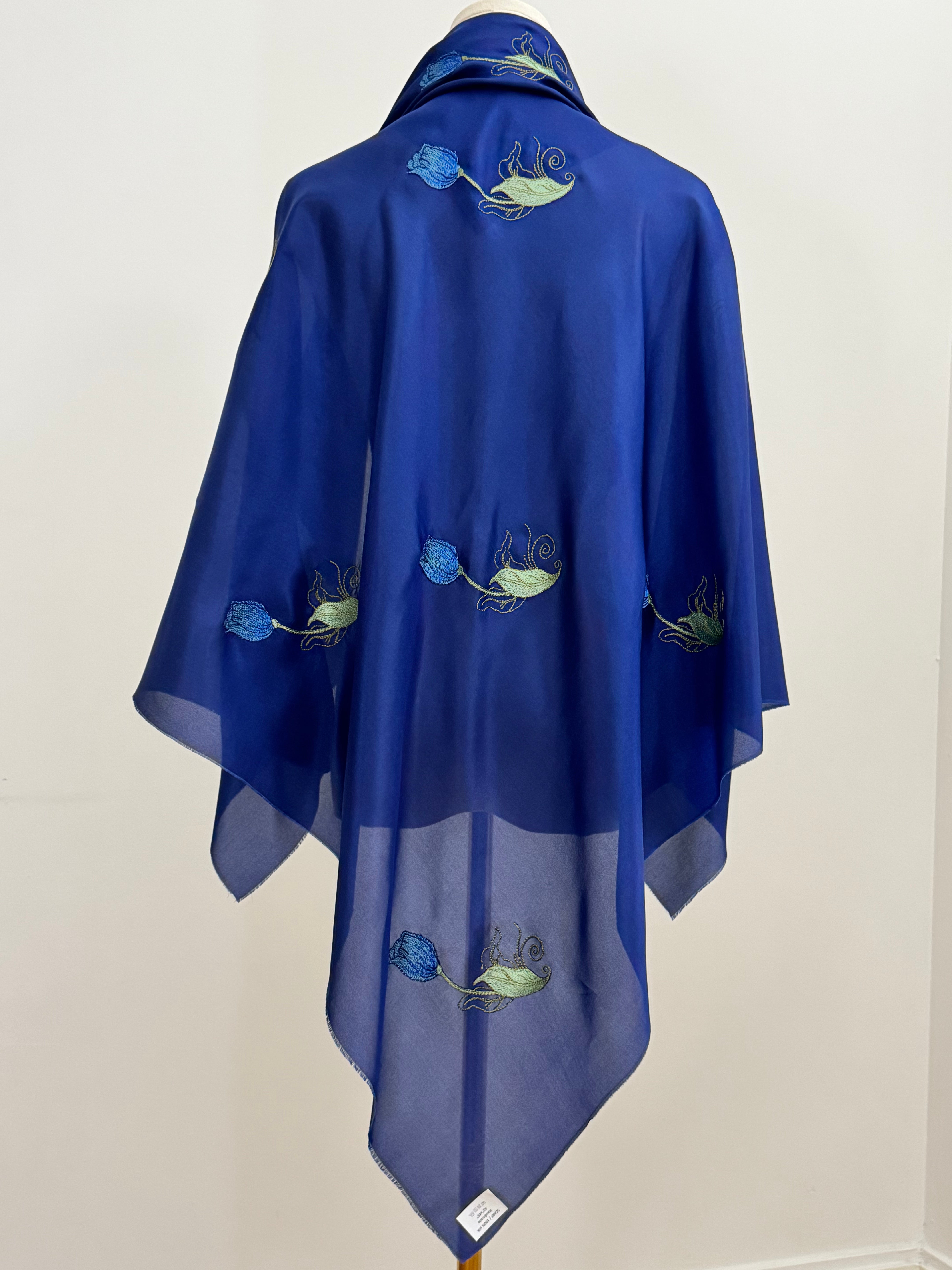 Silk Navy Scarf with Blue and Green Embroidery - 110x110cm