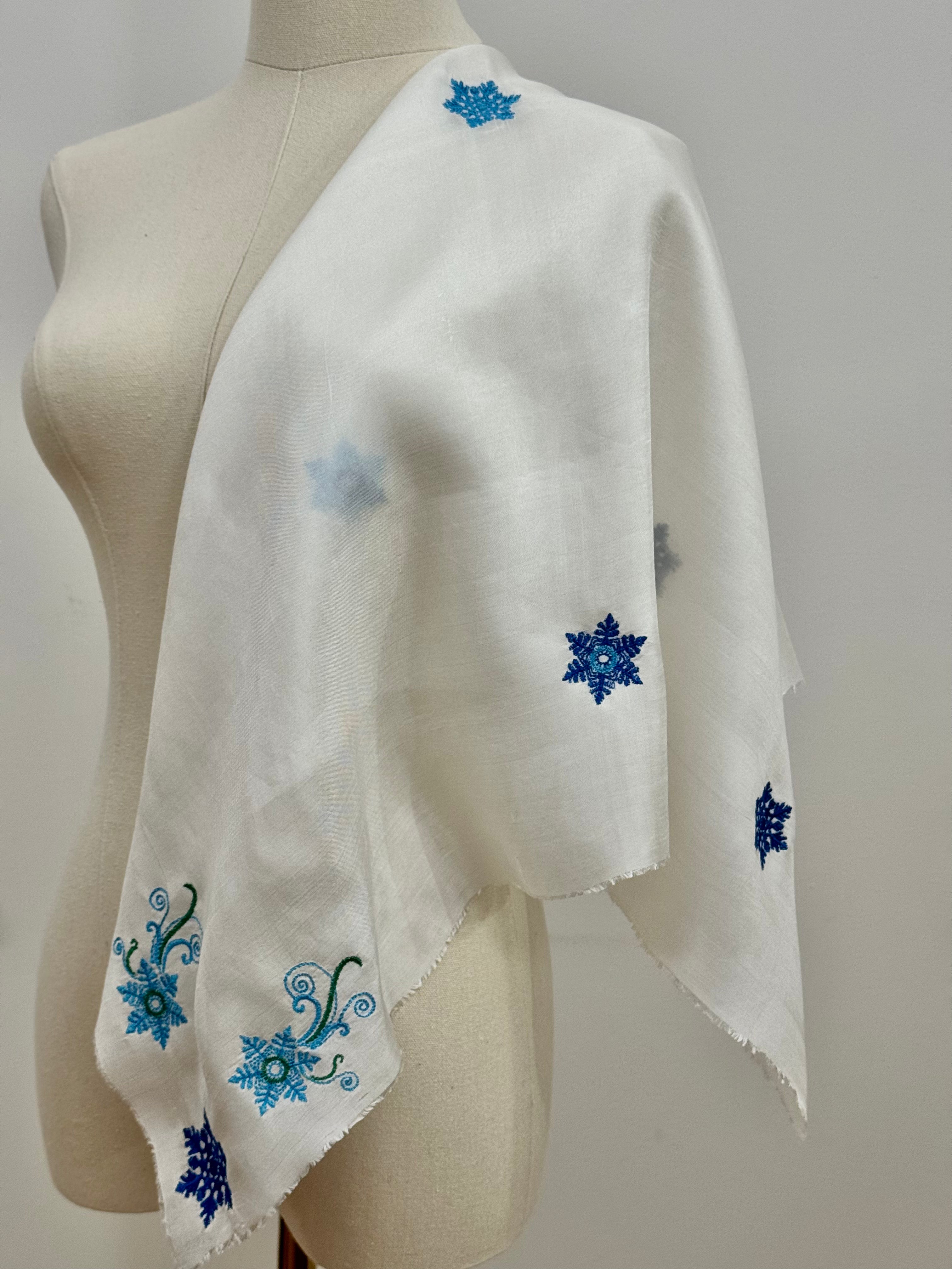Silk White Scarf with Bliue and Green Embroidery - 75x75cm