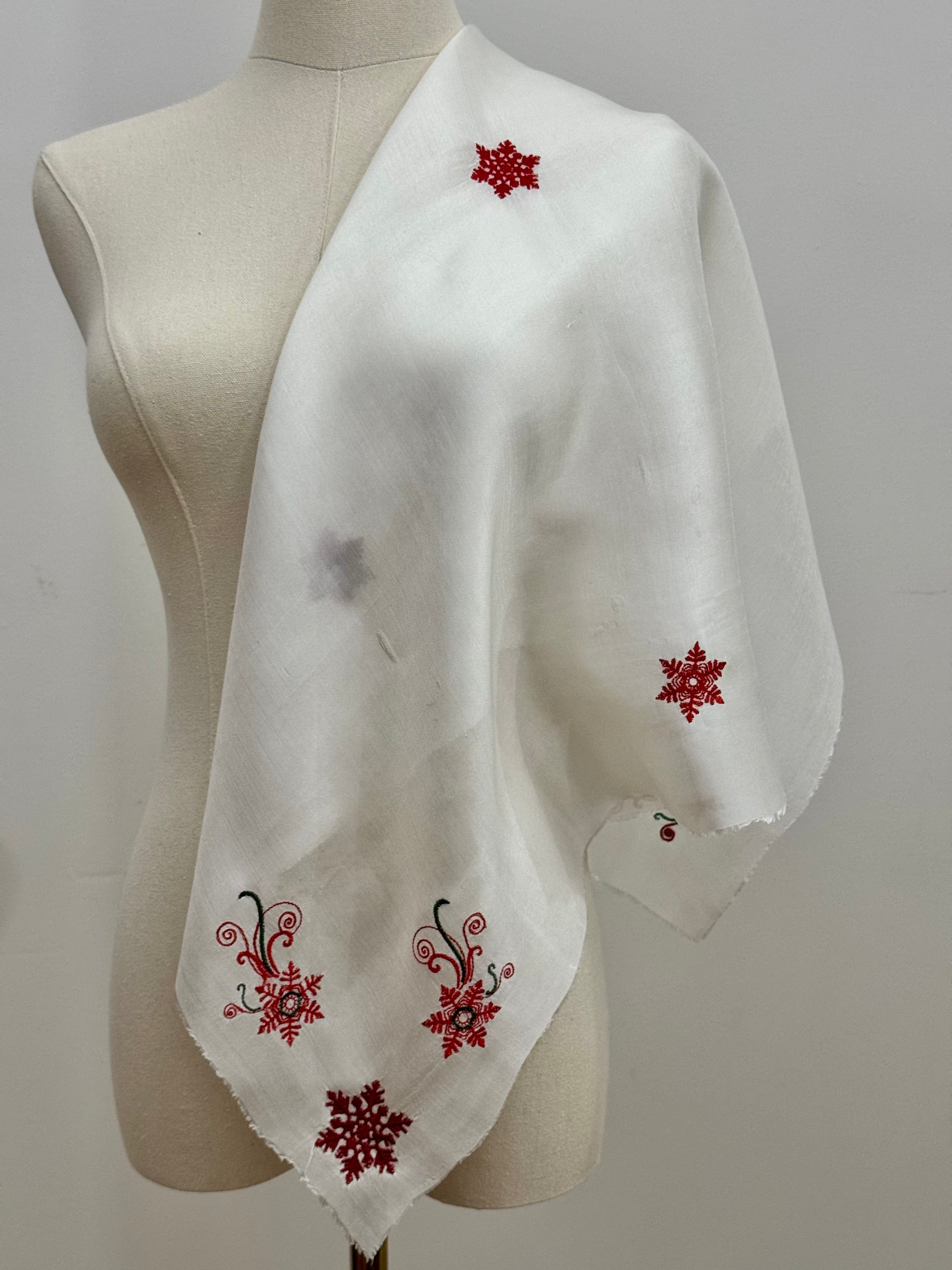 Silk White Scarf with Red and Green Embroidery - 75x75cm