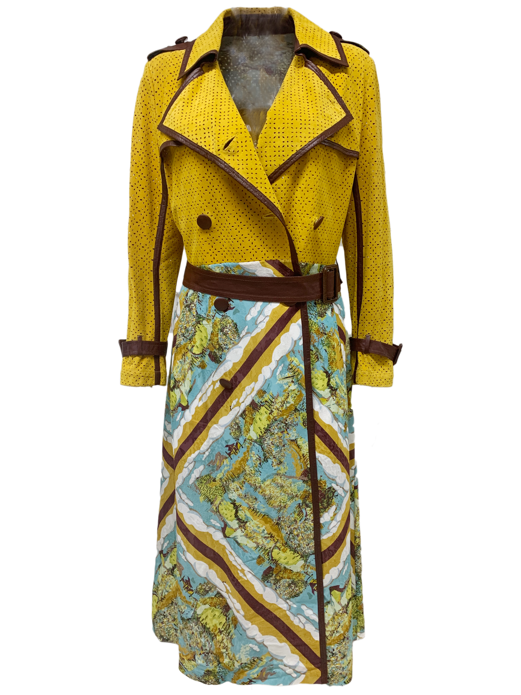 HOLLOW LEATHER PATCHWORK GARDEN PRINT LONG TRENCH COAT