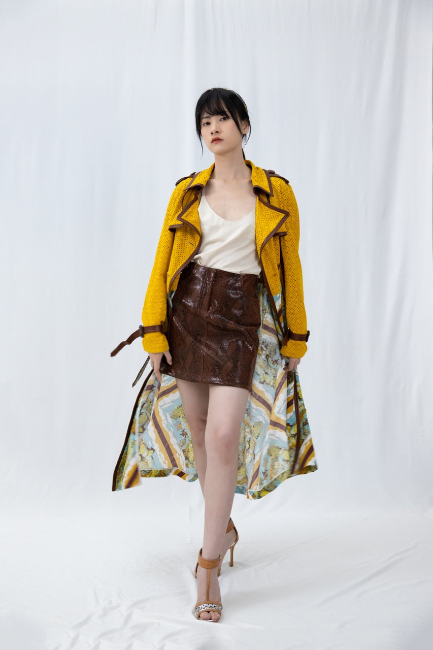 HOLLOW LEATHER PATCHWORK GARDEN PRINT LONG TRENCH COAT