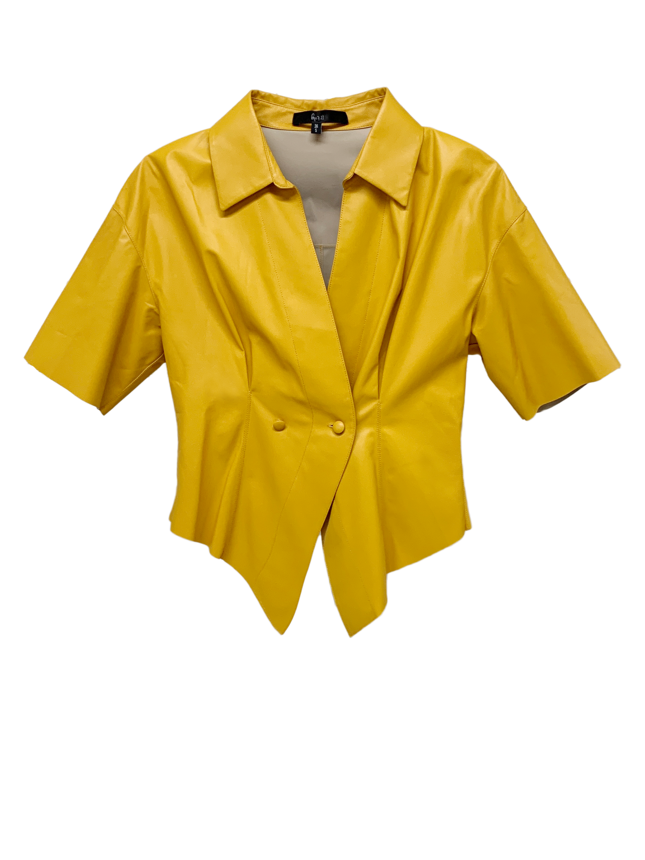 COMPOSITE SHEEP LEATHER CINCHED WAIST SHORT-SLEEVED SHIRT