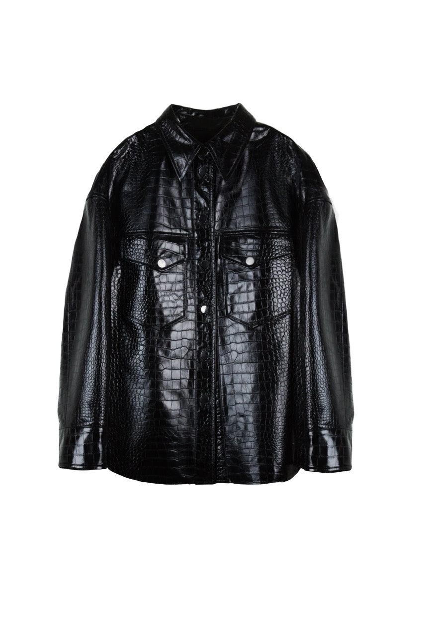 CROCODILE PRINT OIL WAX SHEEPSKIN SHORT TRENCH COAT
