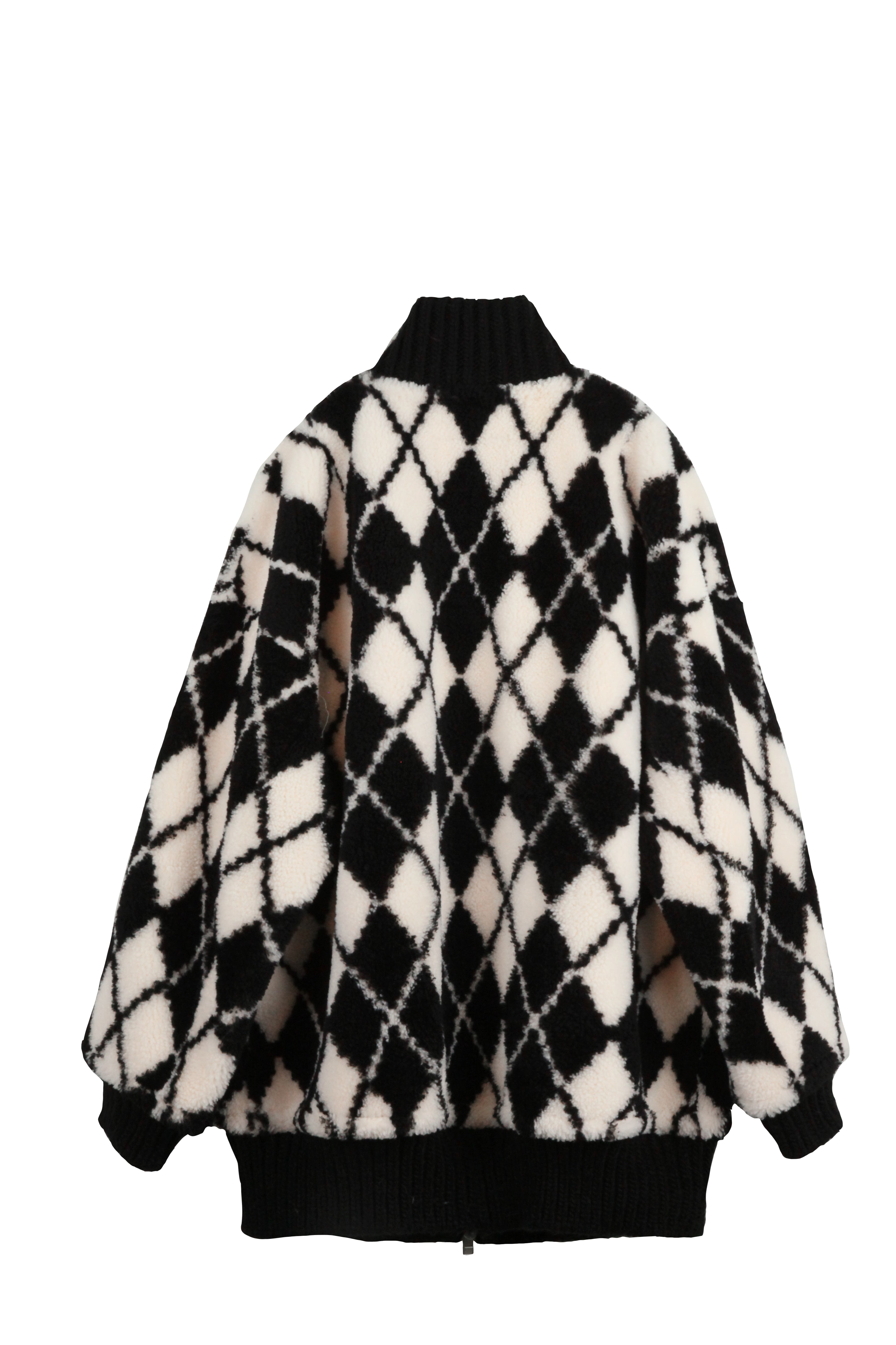 ARGYLE-PATTERN FUR ZIP-UP COAT