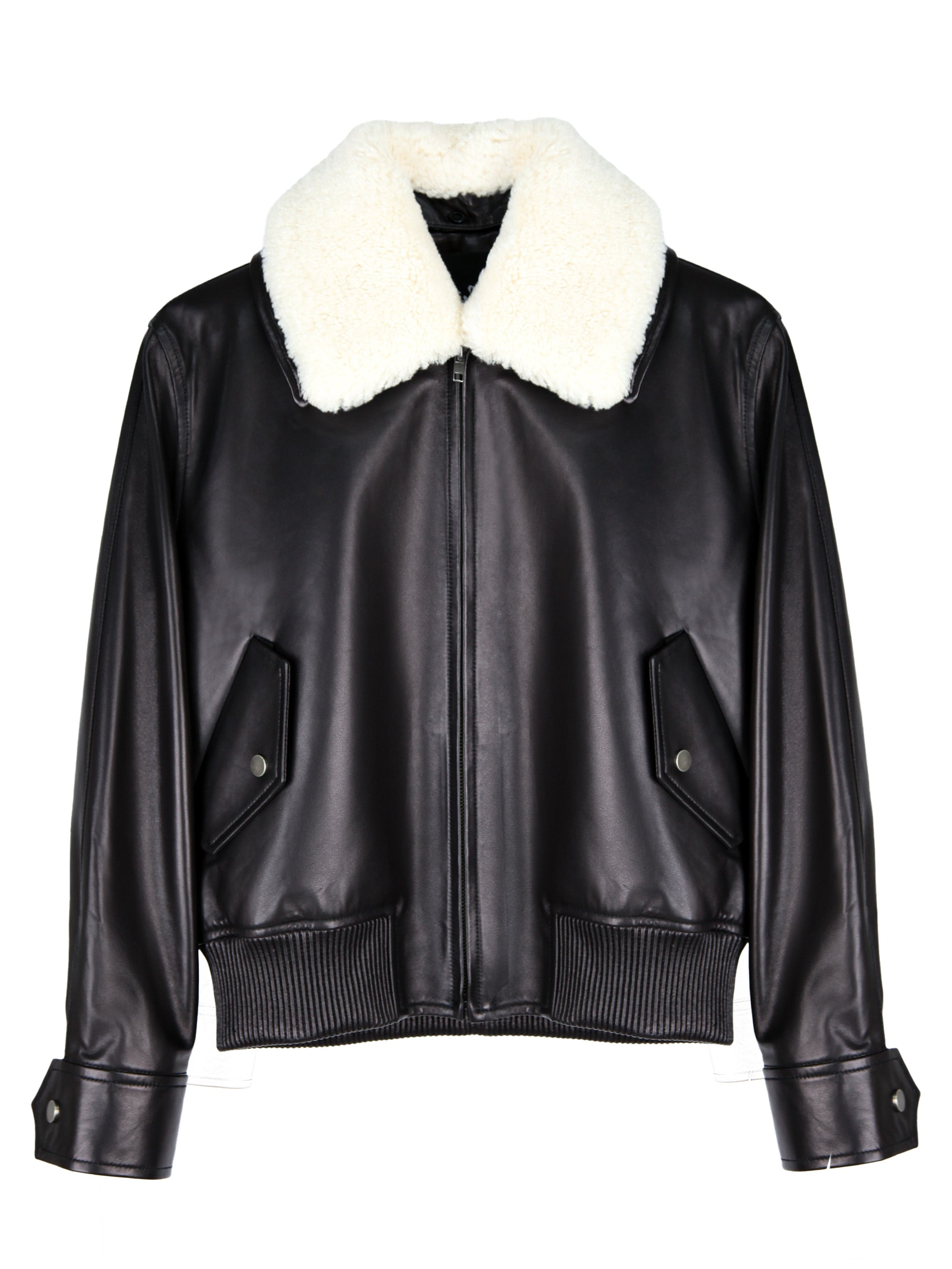 LEATHER BOMBER JACKET WITH DETACHABLE SHEARLING COLLAR