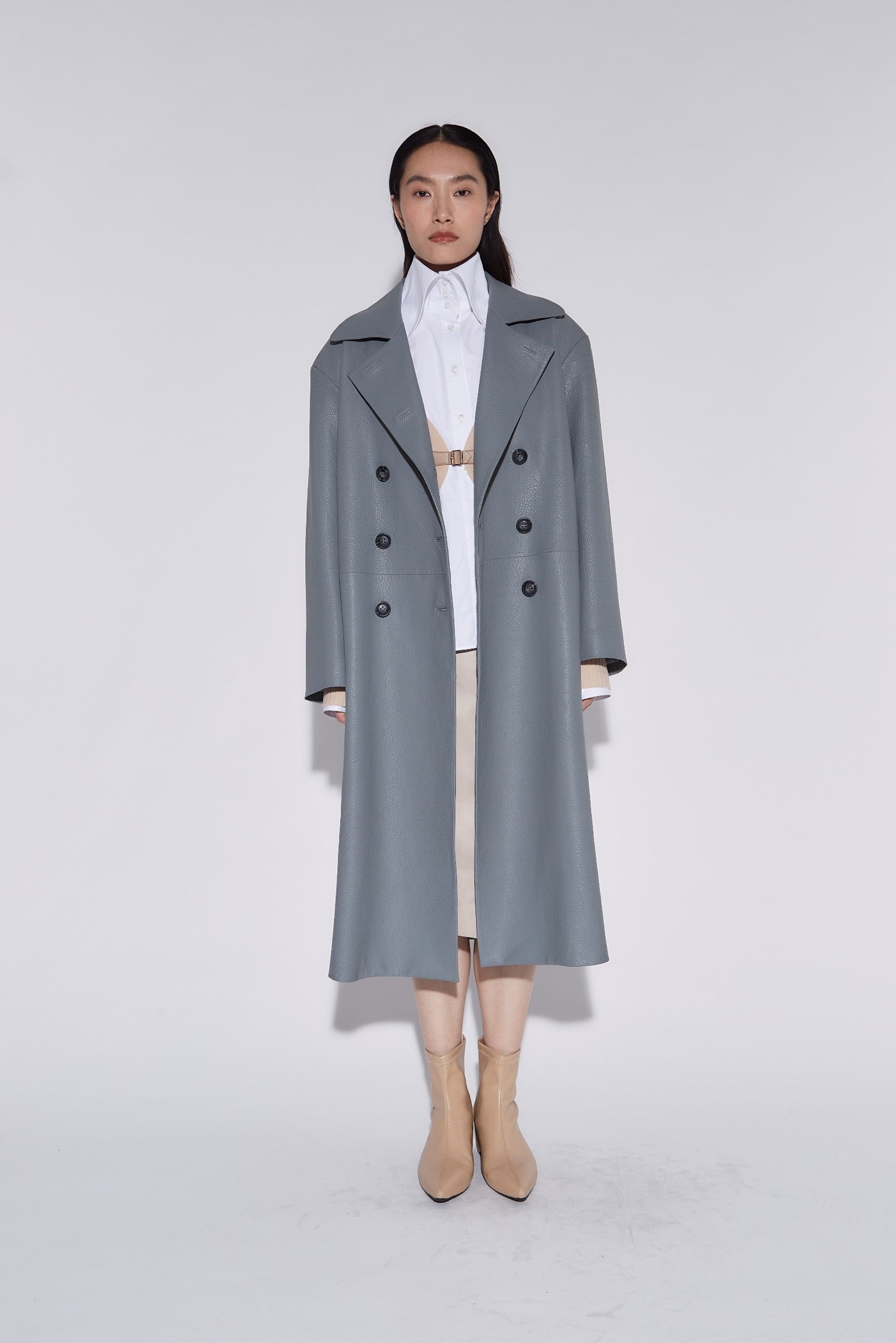 DOUBLE BREASTED LEATHER LONG COAT