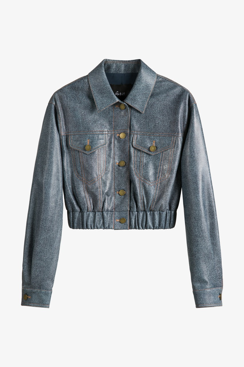 DENIM PRINT LEATHER CROPPED JACKET