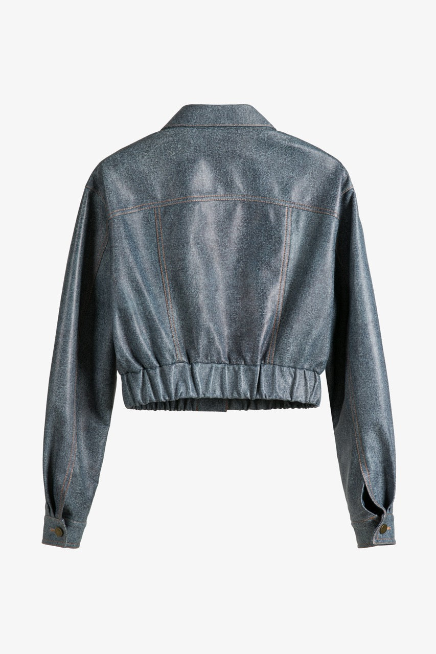 DENIM PRINT LEATHER CROPPED JACKET