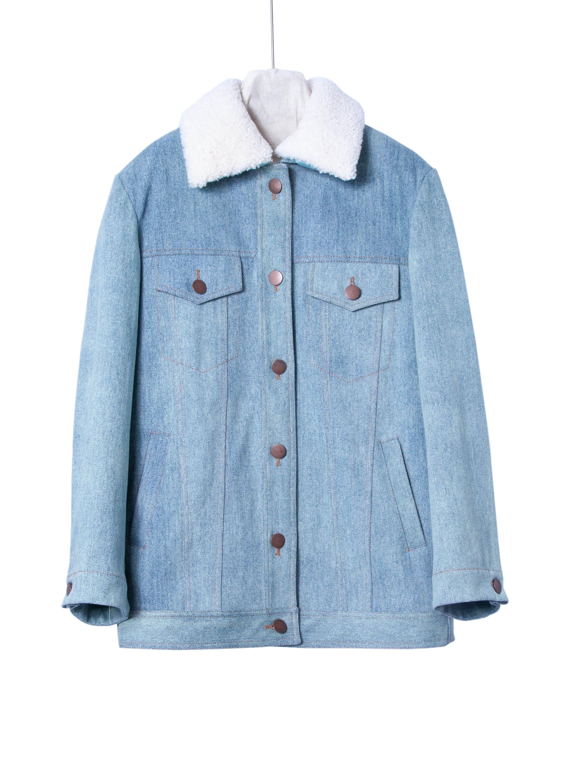 DENIM SHIRT JACKET WITH DETACHABLE FUR COLLAR
