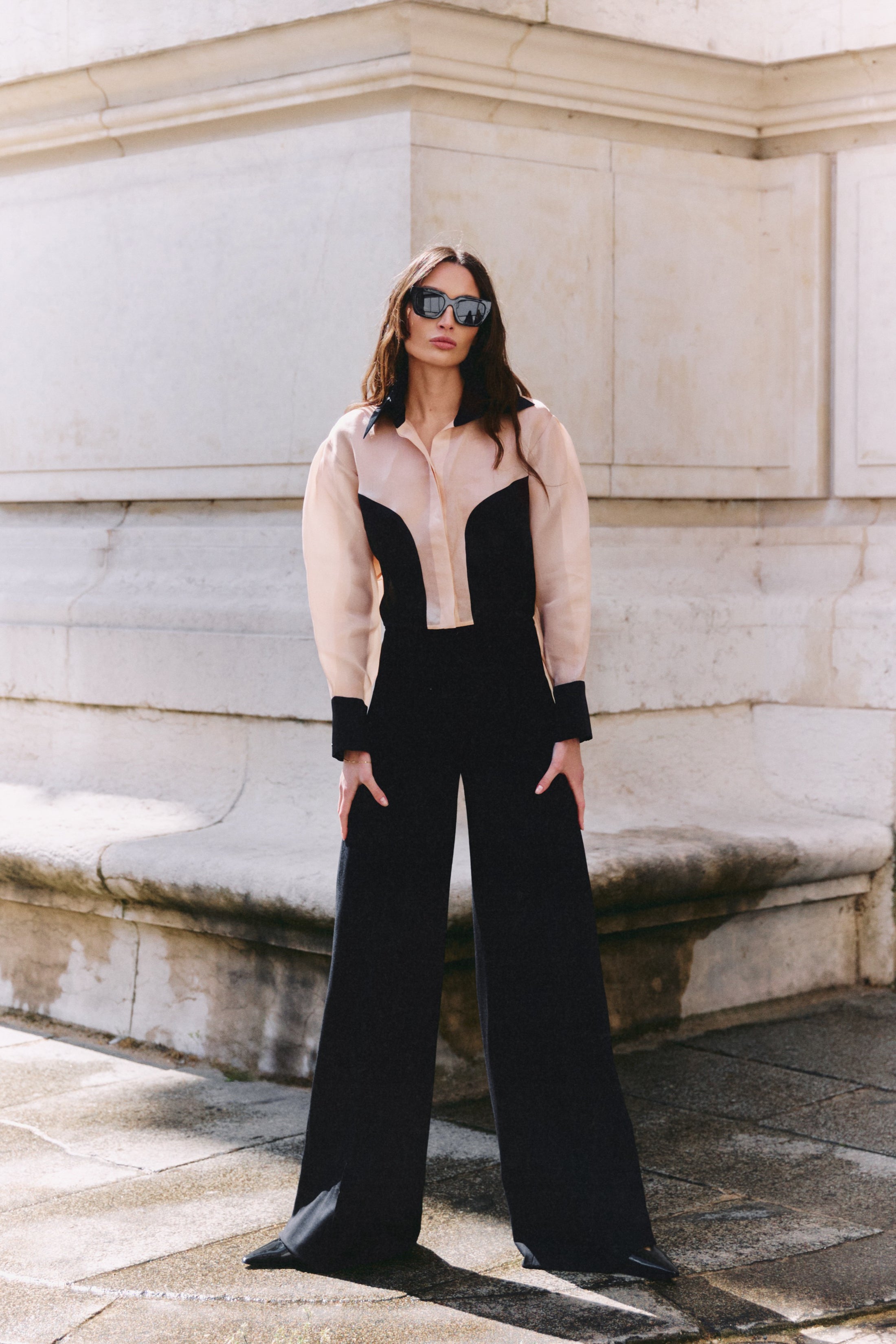 Black and nude silk organza blouse