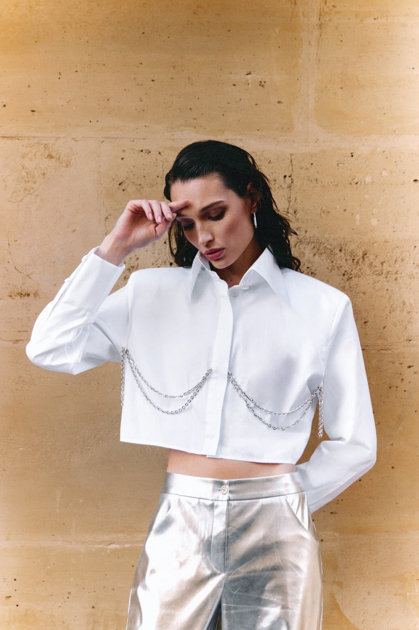 White Crop Top with Silver Chain