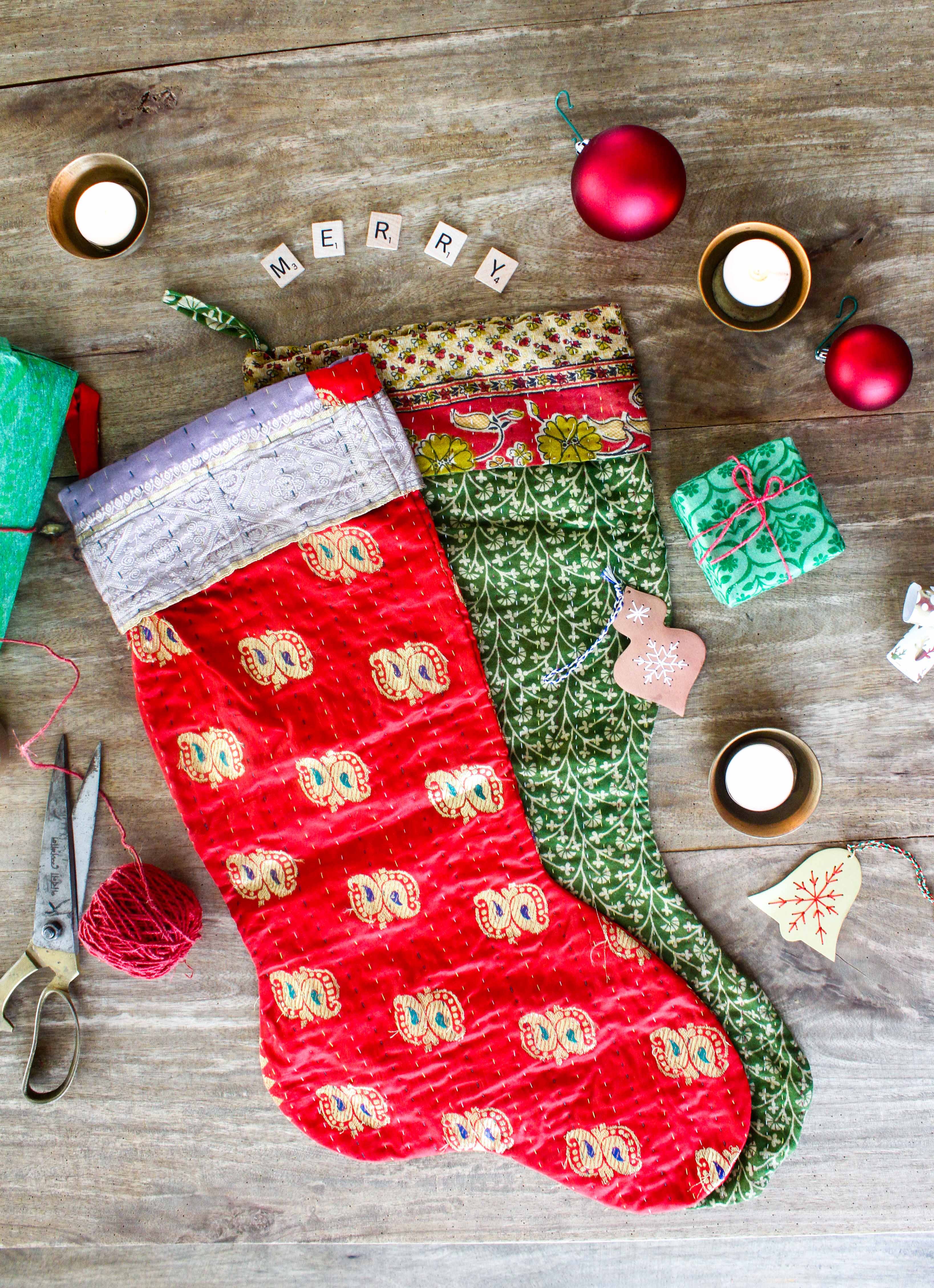 Kantha Christmas Stocking, 25x54 cm