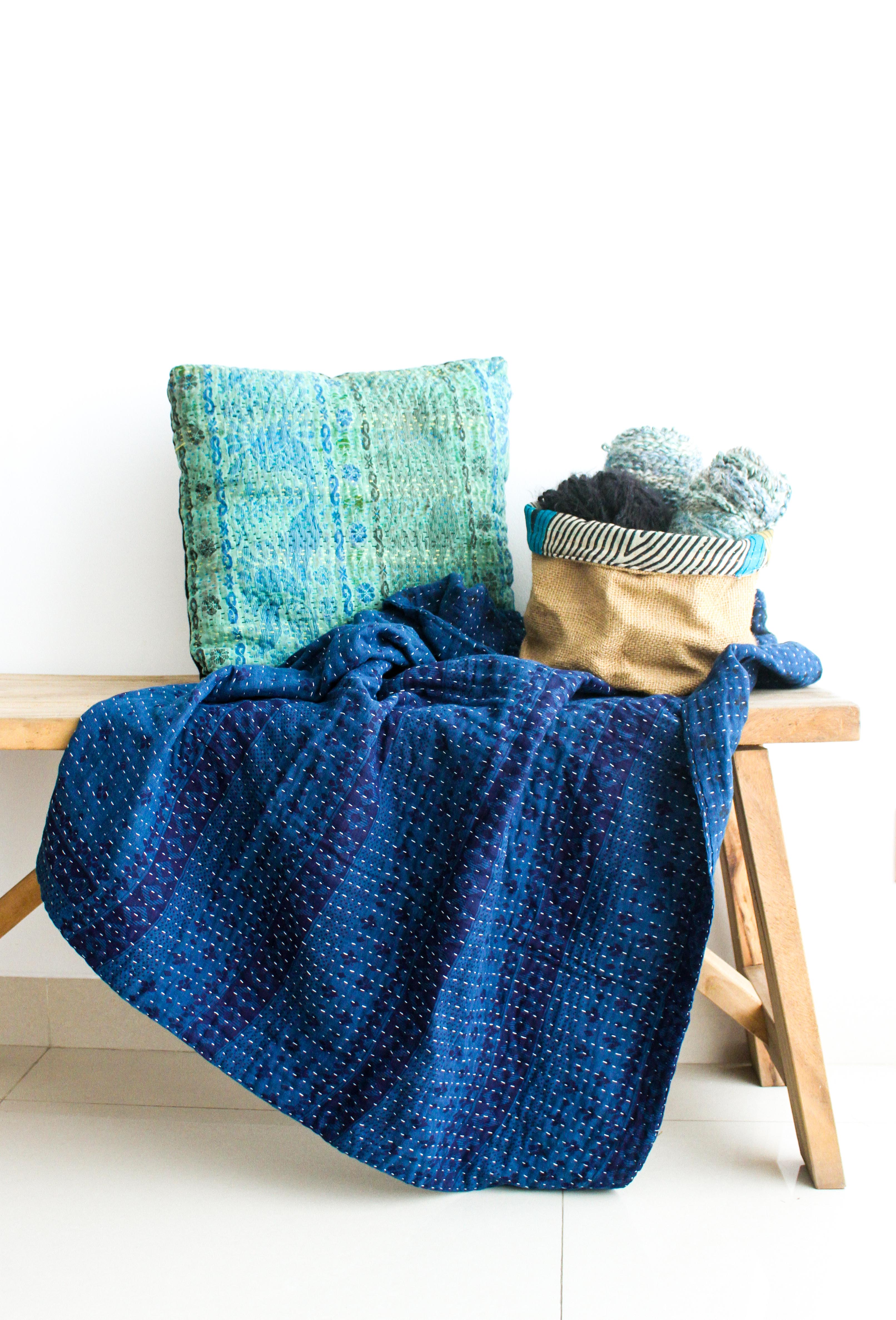 Kantha standard throw blanket, vintage overdye
