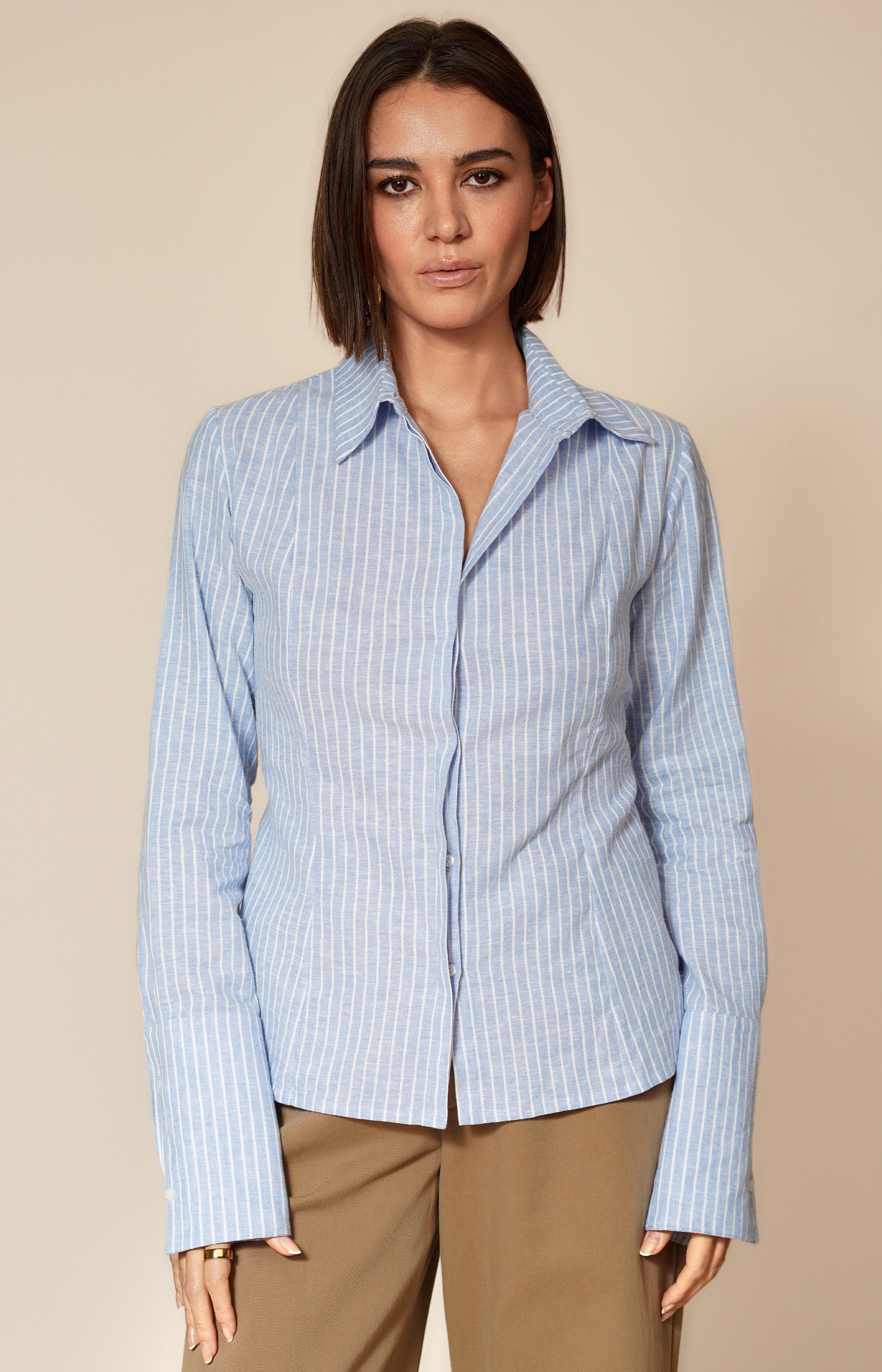 LIGHT BLUE AND  WHITE STRIPED LINEN COTTON BLEND SHIRT