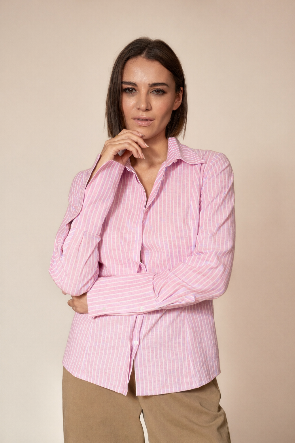 RED AND WHITE STRIPED LINEN COTTON BLEND SHIRT