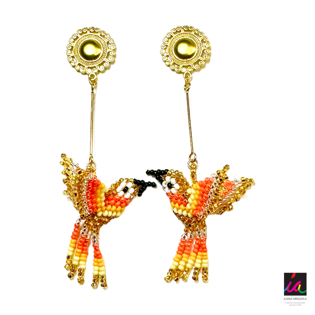 WORK OF THE BEADS HUMMINGBIRD EARRINGS WITH FLOWER