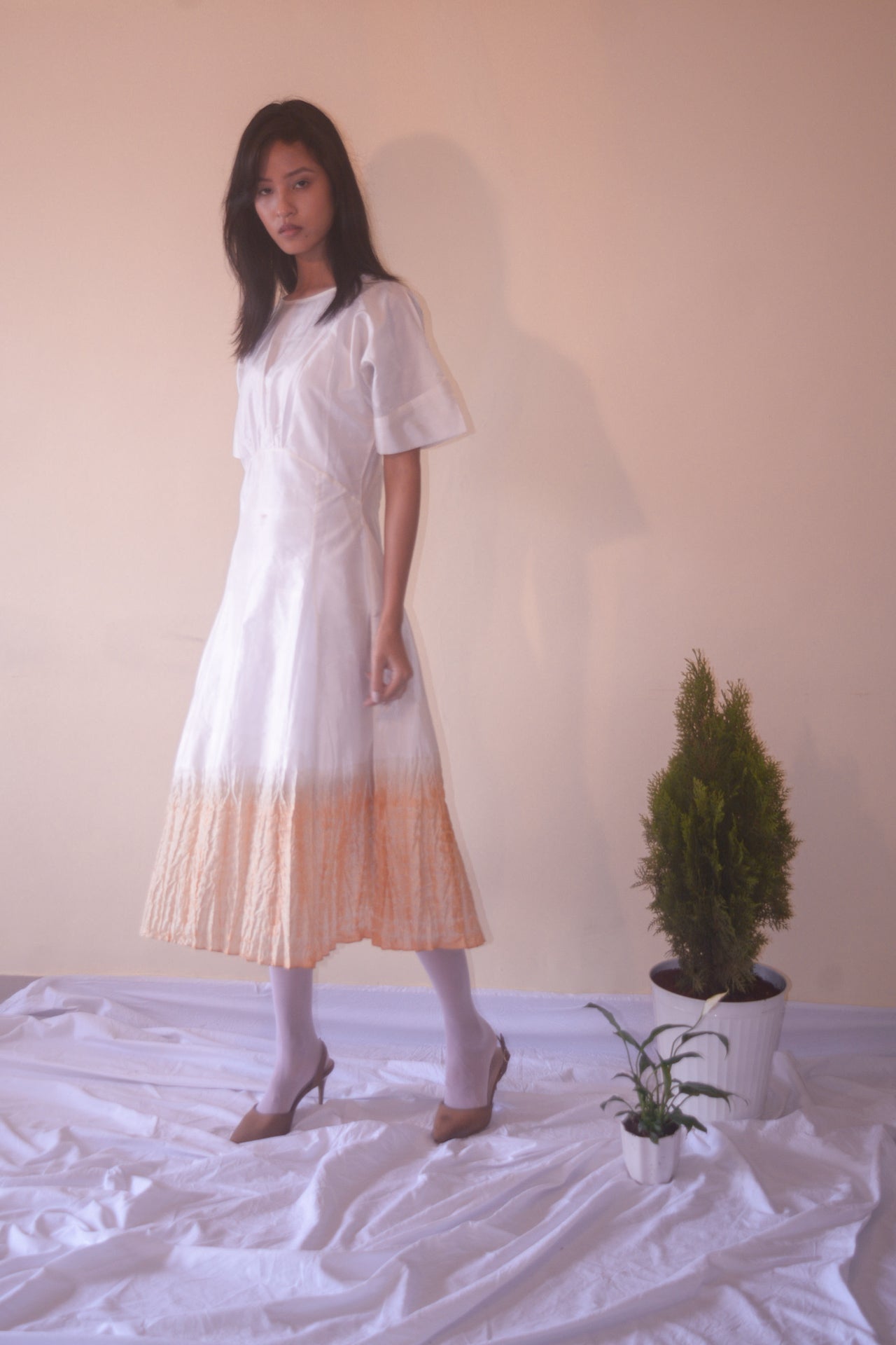HANDWOVEN MULBERRY SILK KIMONO SLEEVE DRESS WITH SHIBORI TEA DYED DETAIL