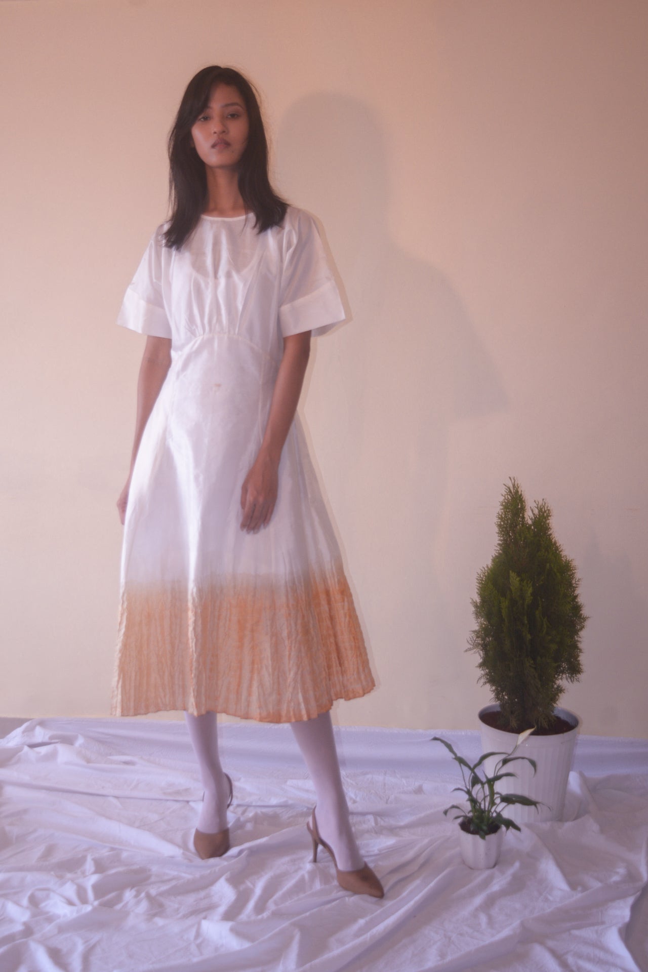 HANDWOVEN MULBERRY SILK KIMONO SLEEVE DRESS WITH SHIBORI TEA DYED DETAIL