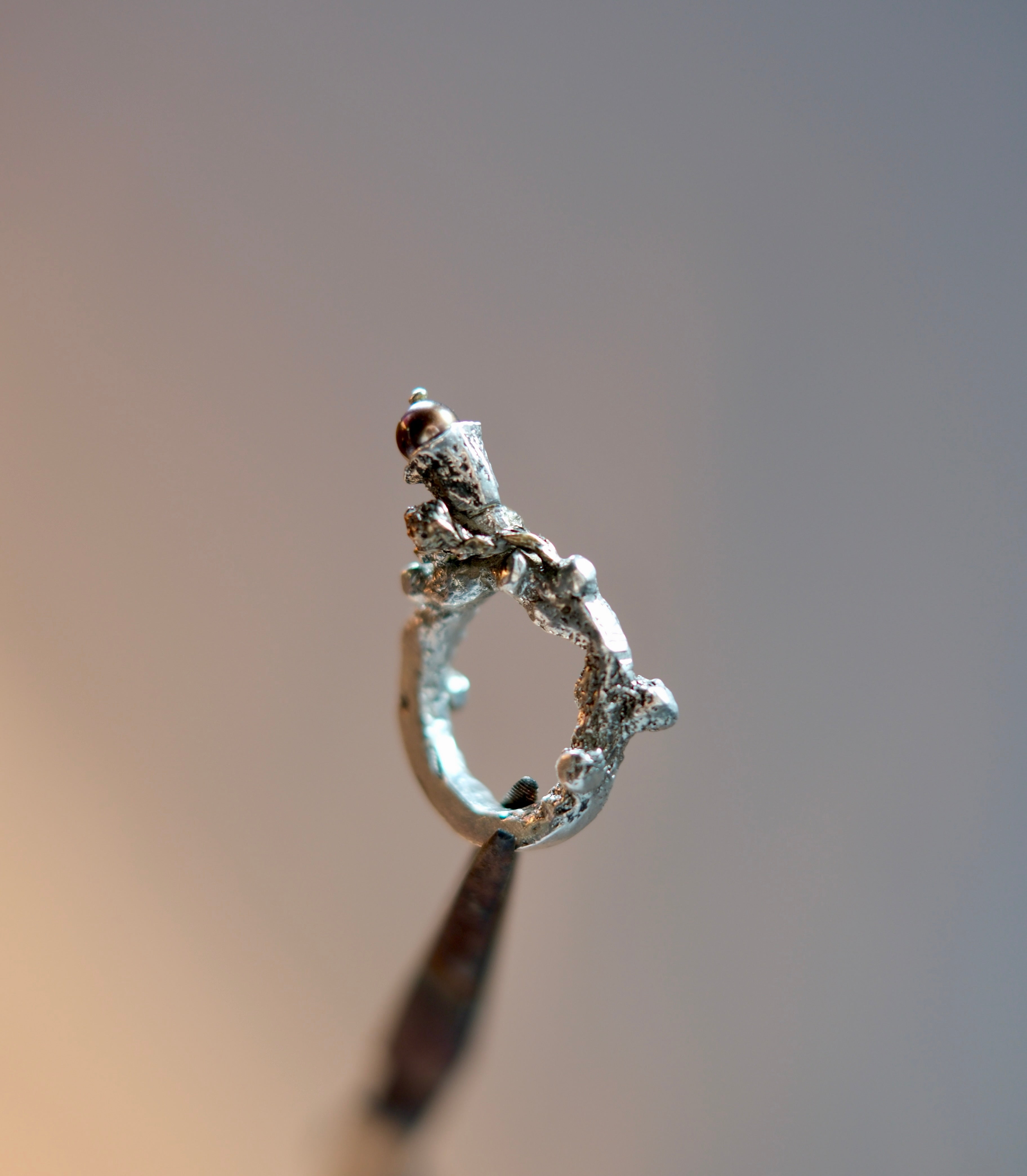 Sculptural Silver Ring with Flowers and Dark Pearl