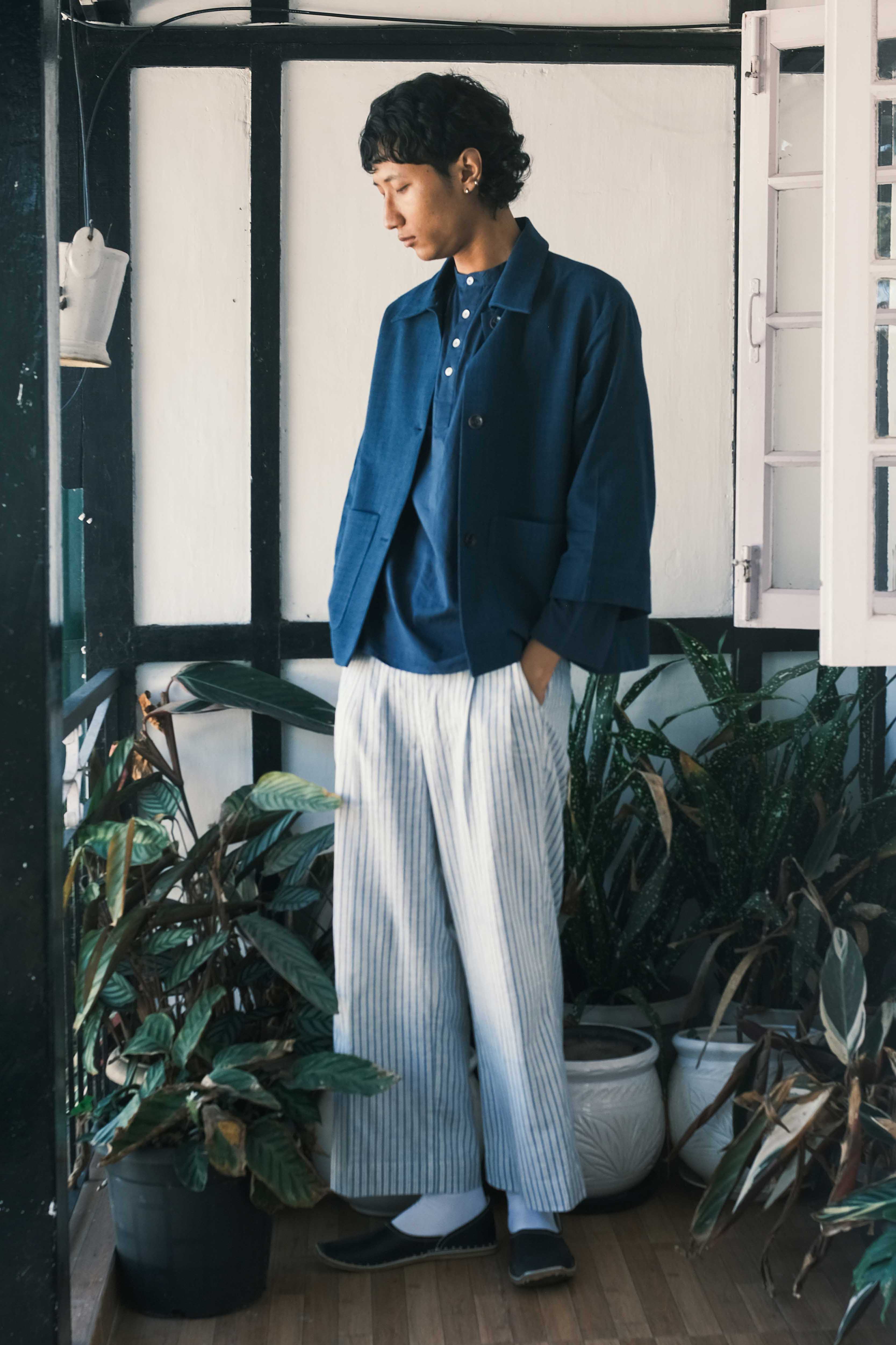 MINIMALIST INDIGO STRIPE PANTS WITH DRAWSTRING DETAILS