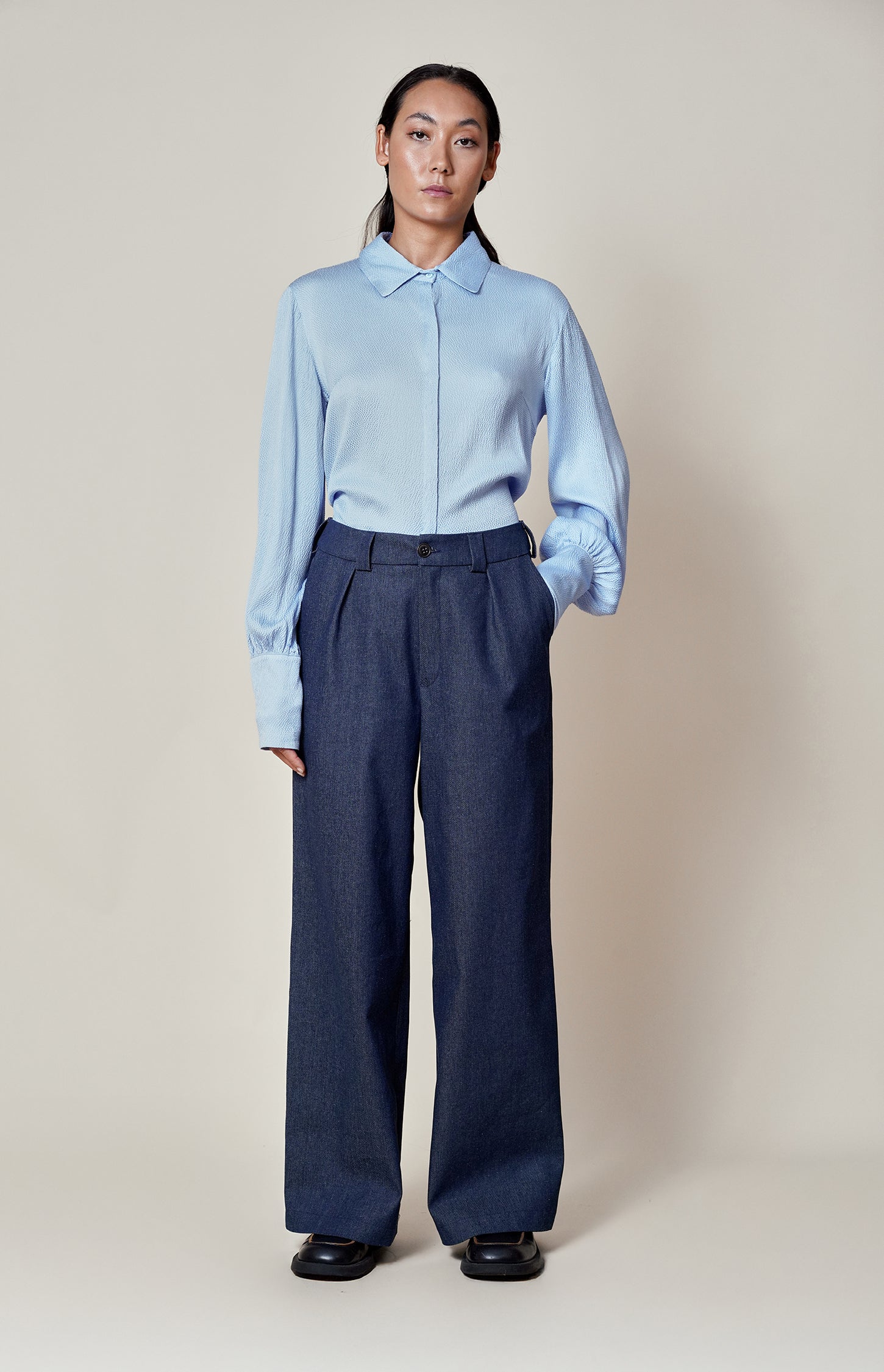 NAVY DENIM COTTON WIDE LEG TROUSERS