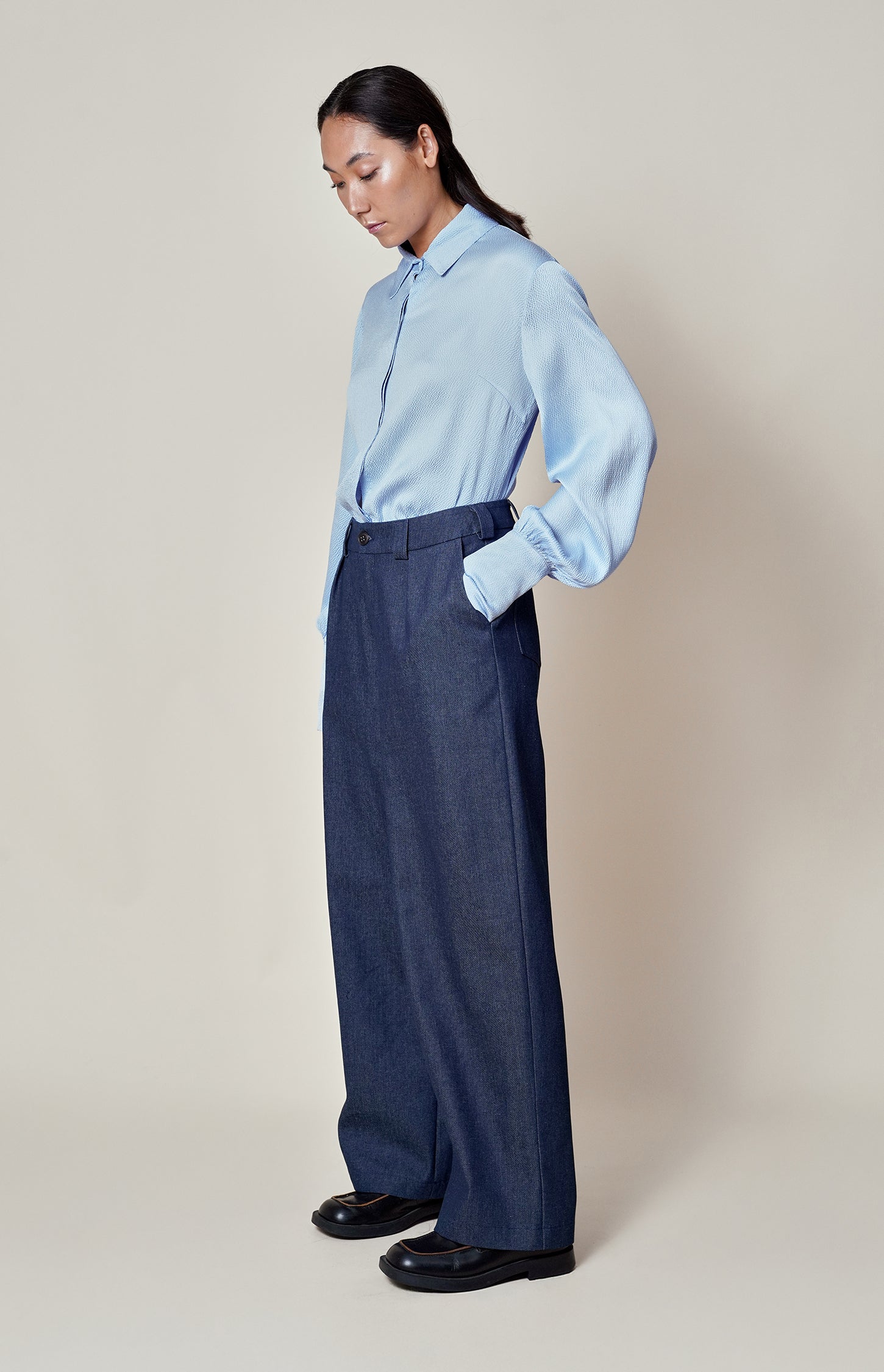NAVY DENIM COTTON WIDE LEG TROUSERS