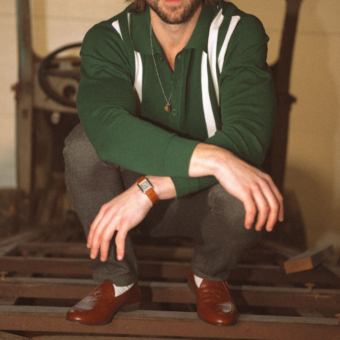 Men's Vintage Stripe Polo Cardigan - Green/ Cream Stripe