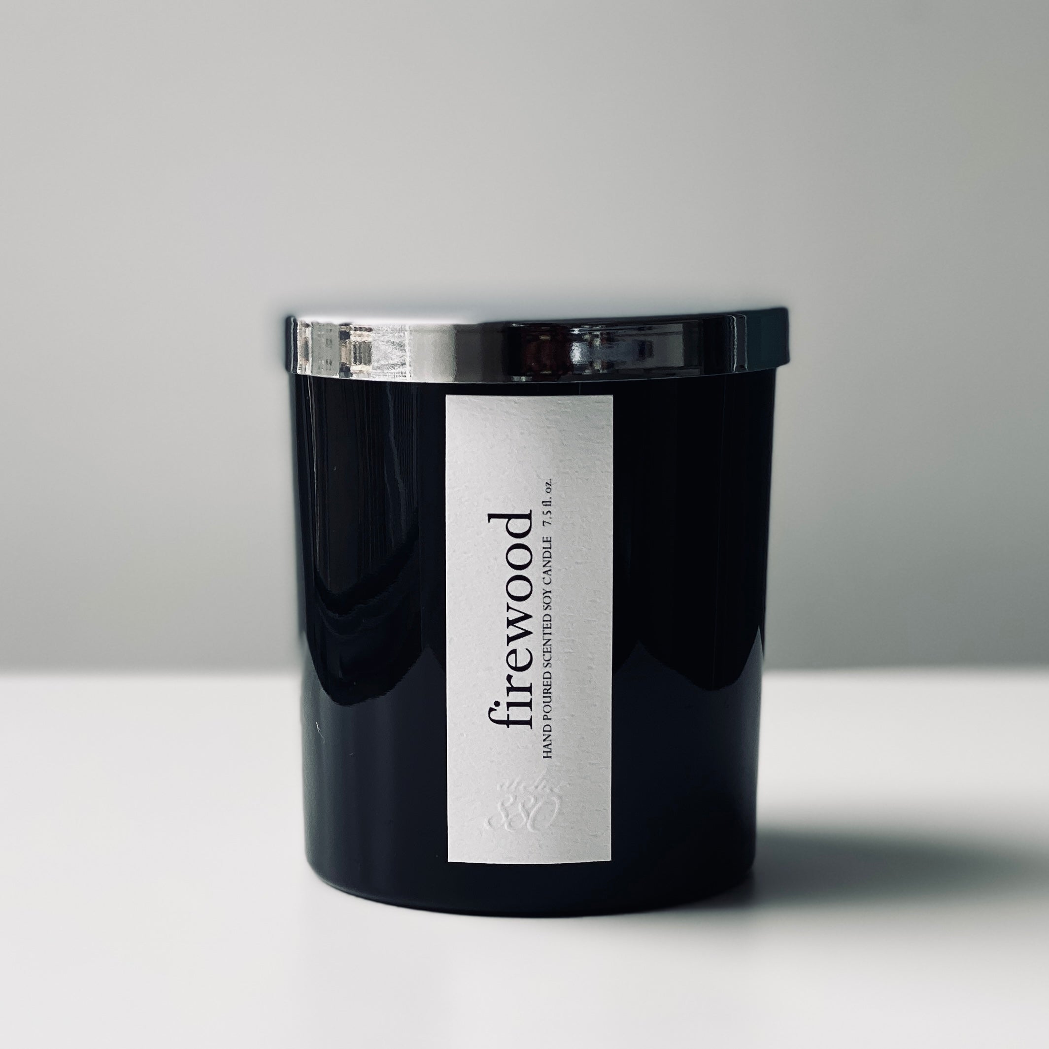 firewood soy candle - black glass / silver lid