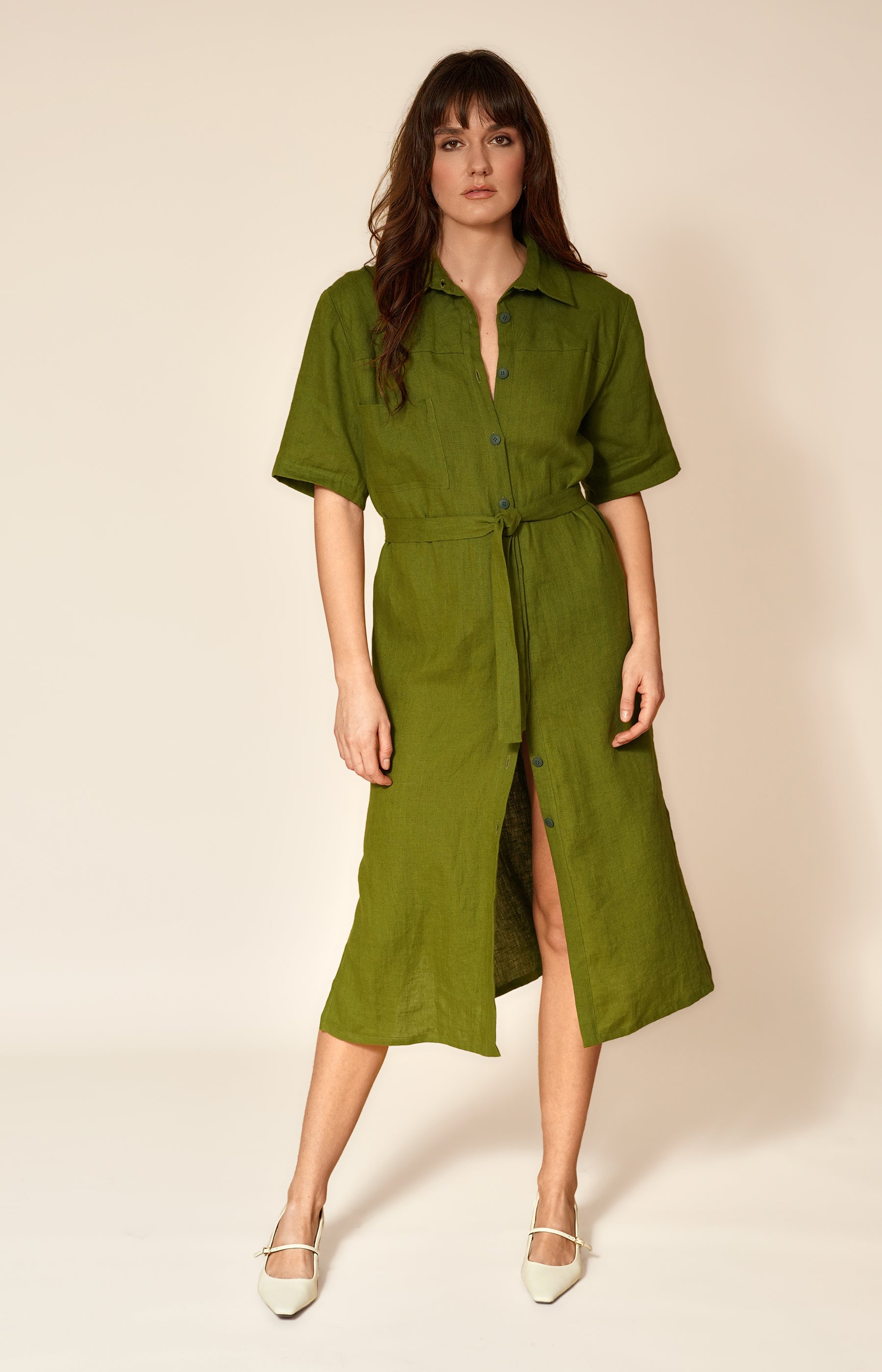 GREEN LINEN SHIRTDRESS