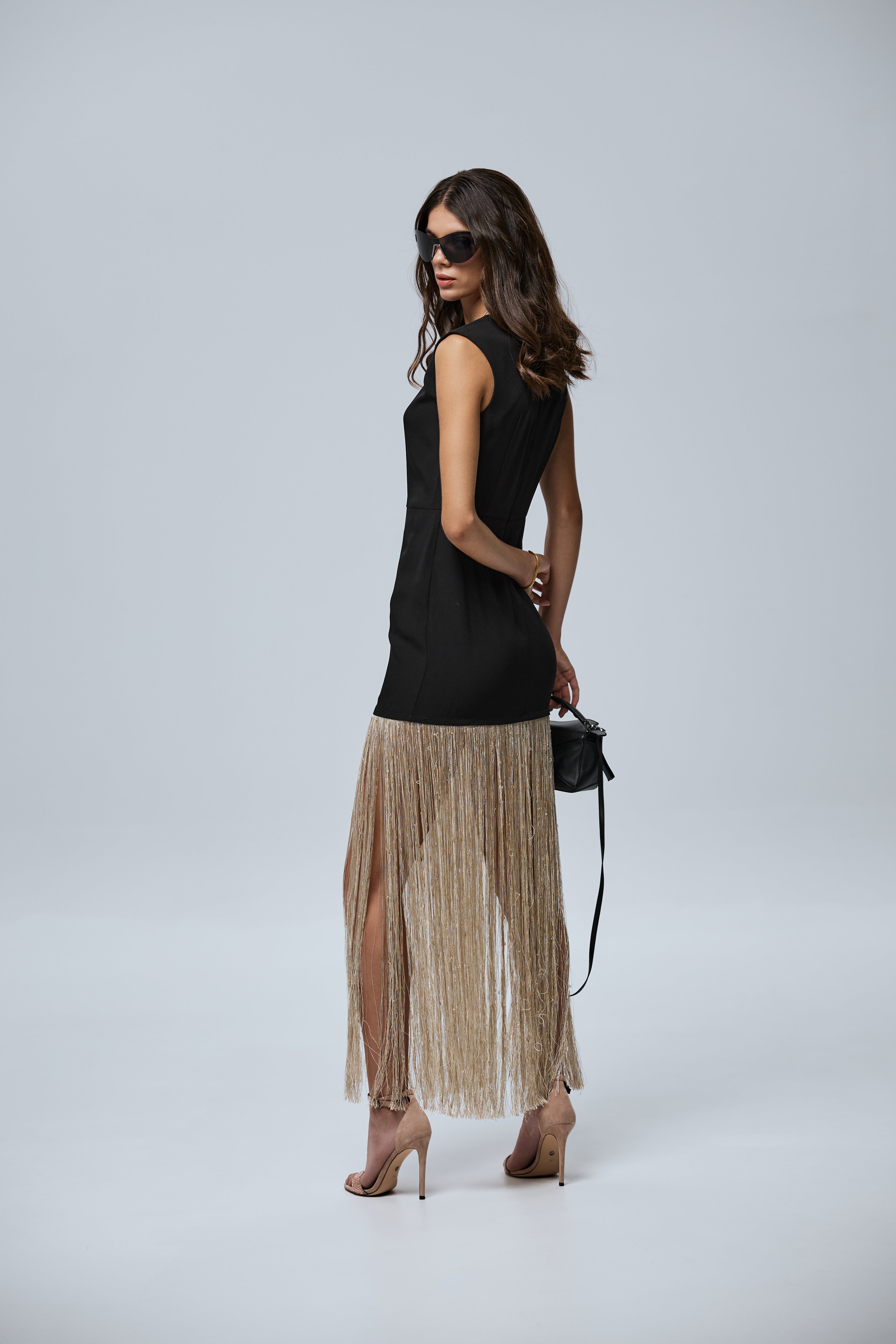 Black Crepe Dress with Golden Fringe