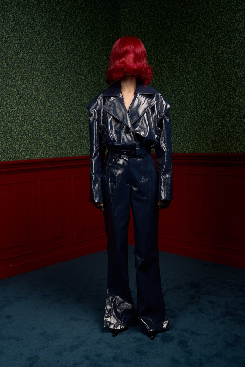 Glossy Navy Vegan Leather Crop Jacket - The Weapon