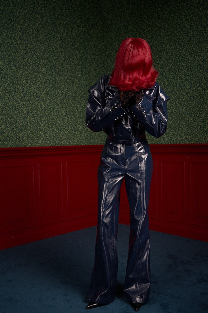 Glossy Navy Vegan Leather Crop Jacket - The Weapon