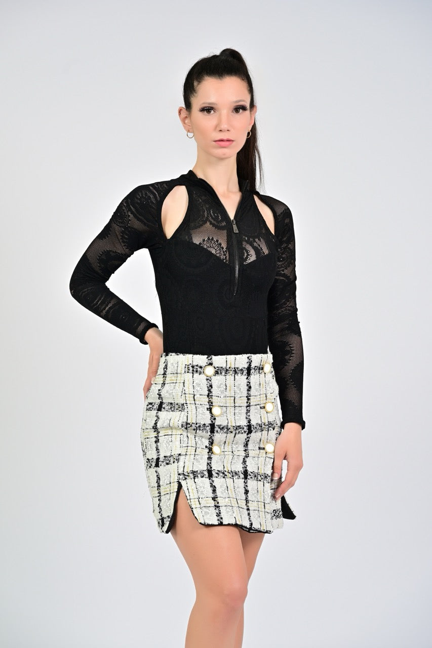 Tasha Slit Skirt, Metallic Plaid