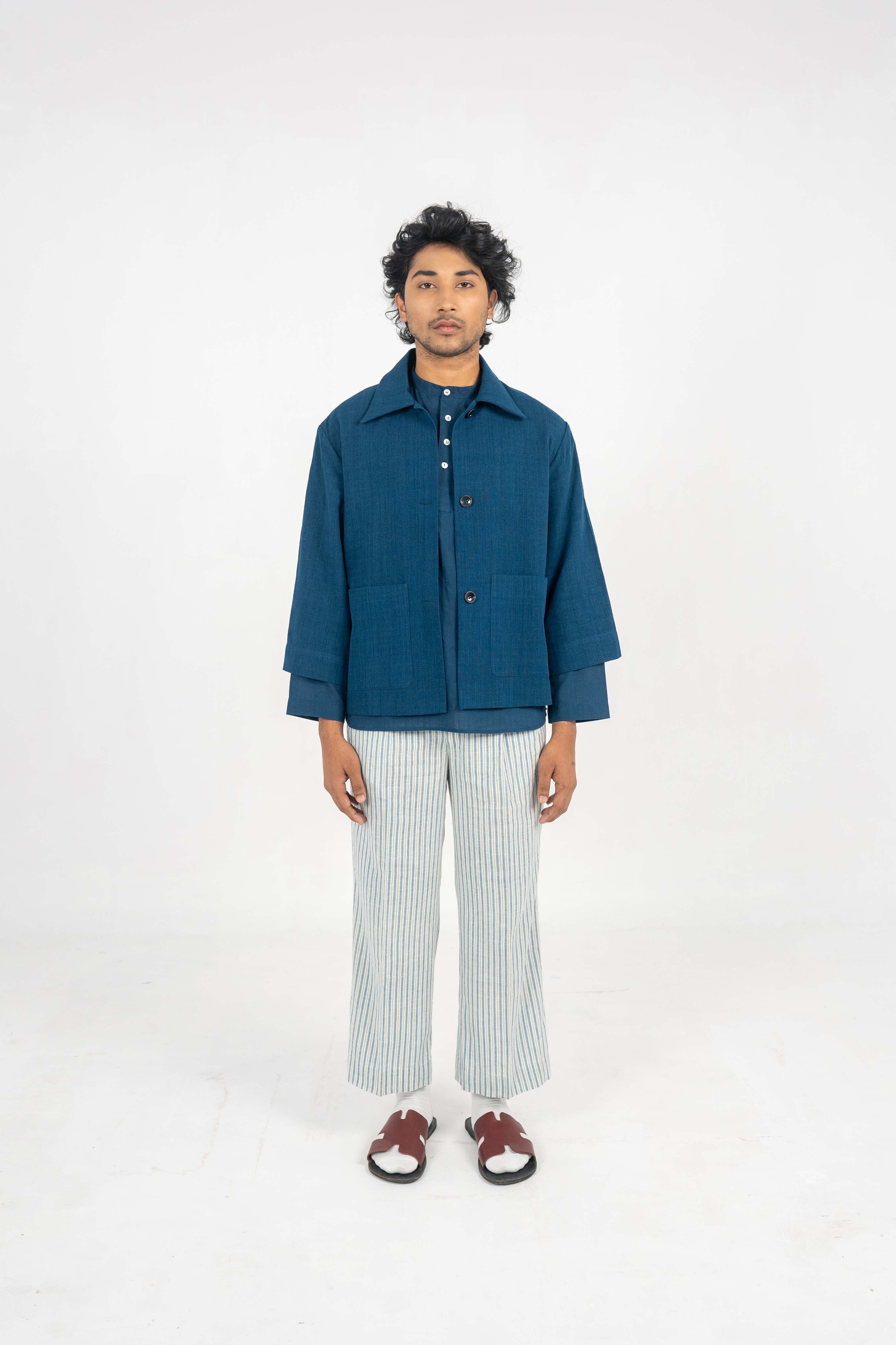 MINIMALIST INDIGO STRIPE PANTS WITH DRAWSTRING DETAILS
