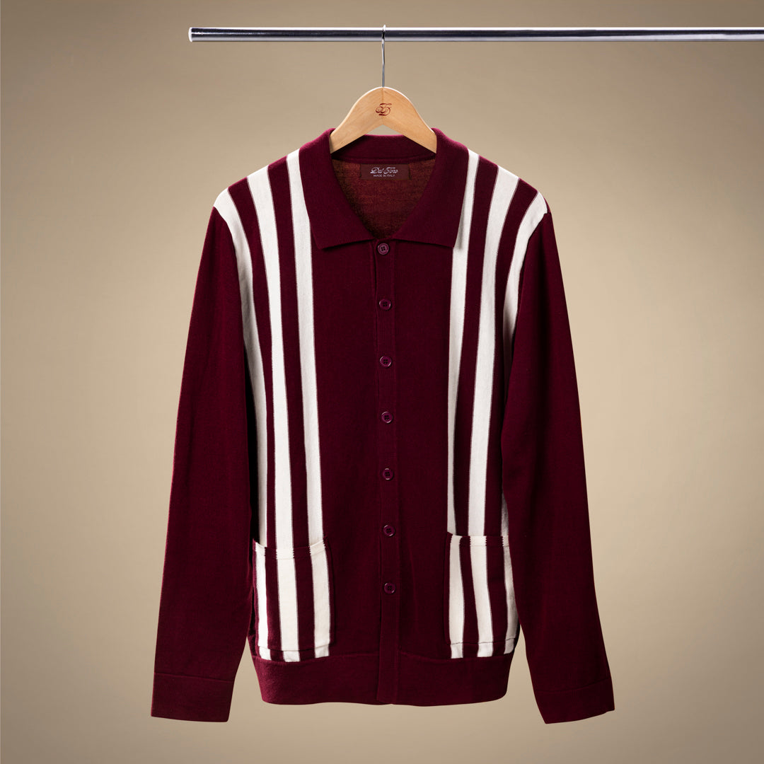 Men's Vintage Stripe Polo Cardigan - Burgundy / Cream Stripe