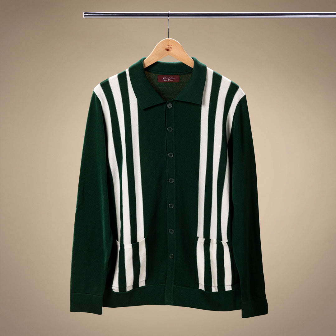 Men's Vintage Stripe Polo Cardigan - Green/ Cream Stripe