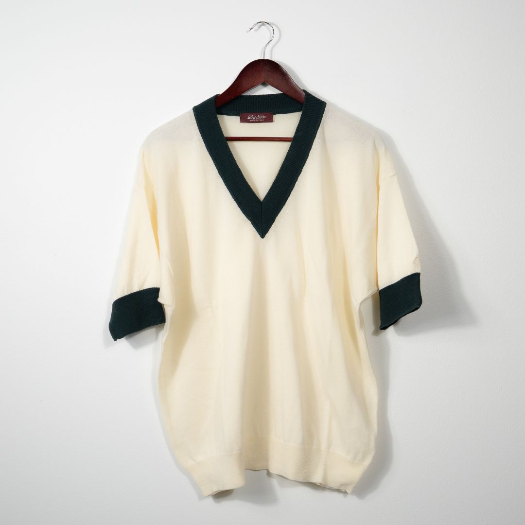 Men's Vintage Short Sleeve V-Neck Sweater - Vintage White / Forest Green