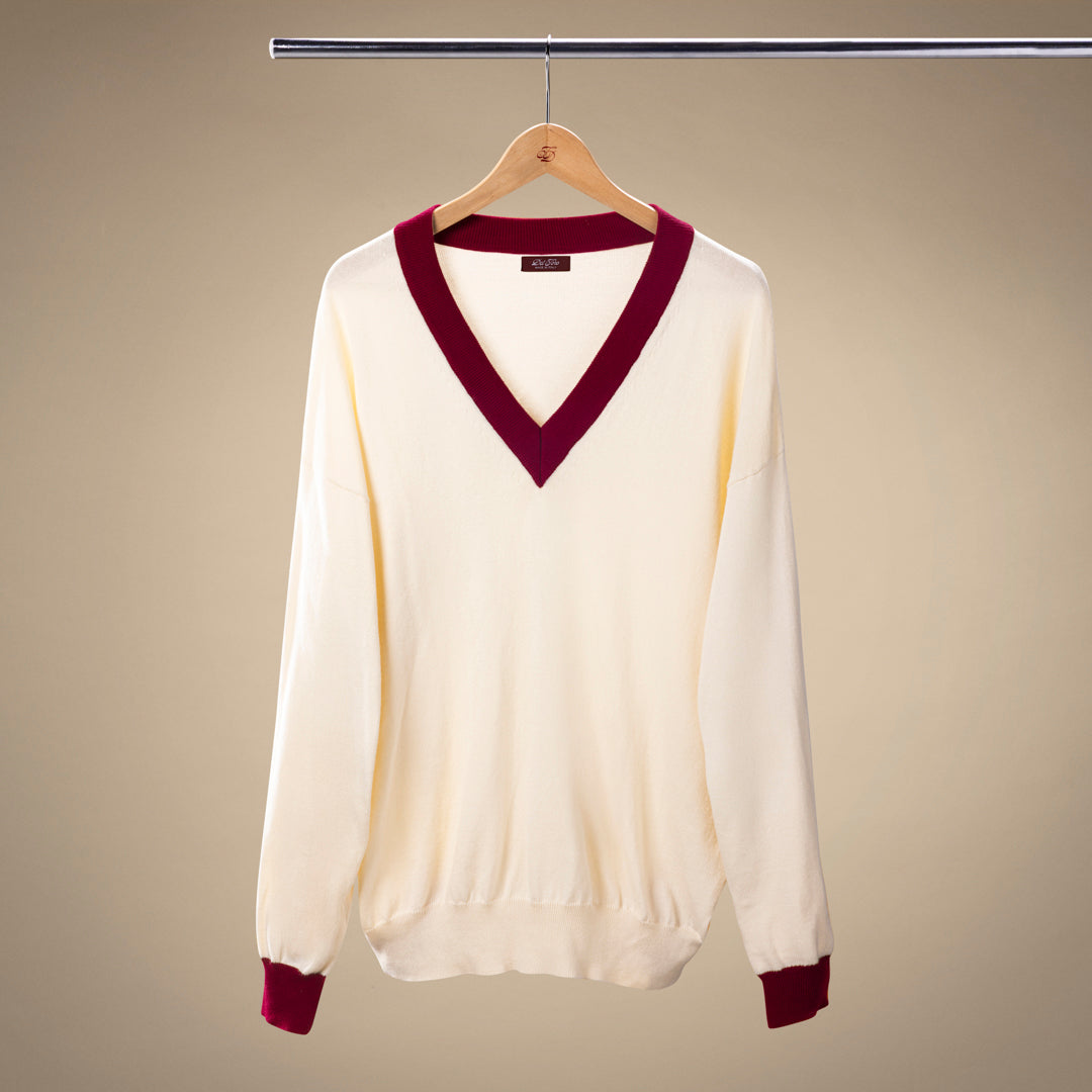 Men's Vintage V-Neck Sweater - Vintage White / Burgundy