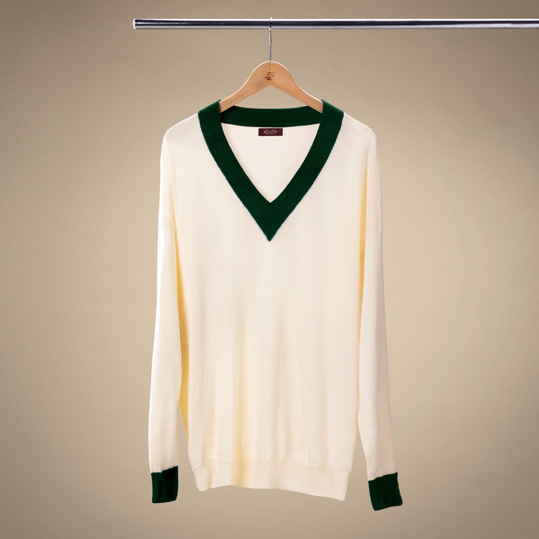 Men's Vintage V-Neck Sweater - Vintage White / Forest Green