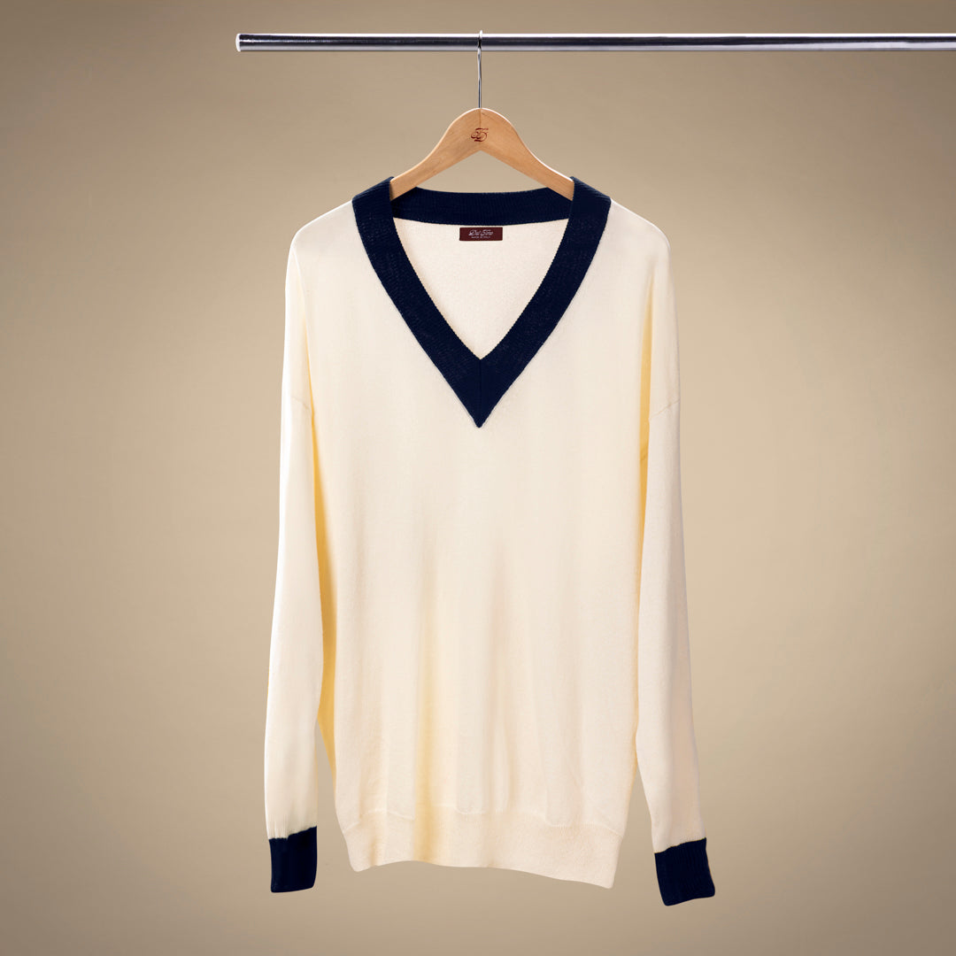 Men's Vintage V-Neck Sweater - Vintage White / Navy