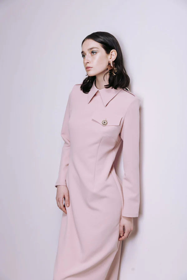 Fitted Long Sleeve Dress w/ Stand-Up Collar