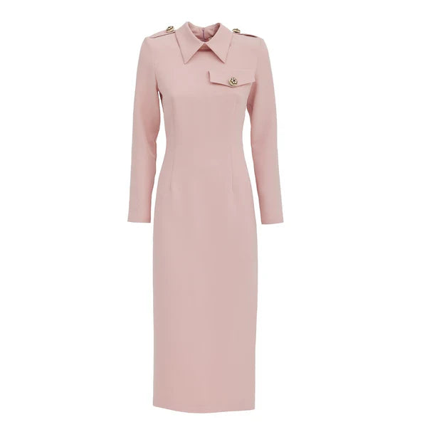 Fitted Long Sleeve Dress w/ Stand-Up Collar