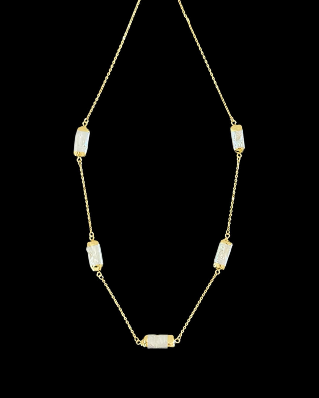 Five rectangle baroque pearl pendant & chain in 18 KGP