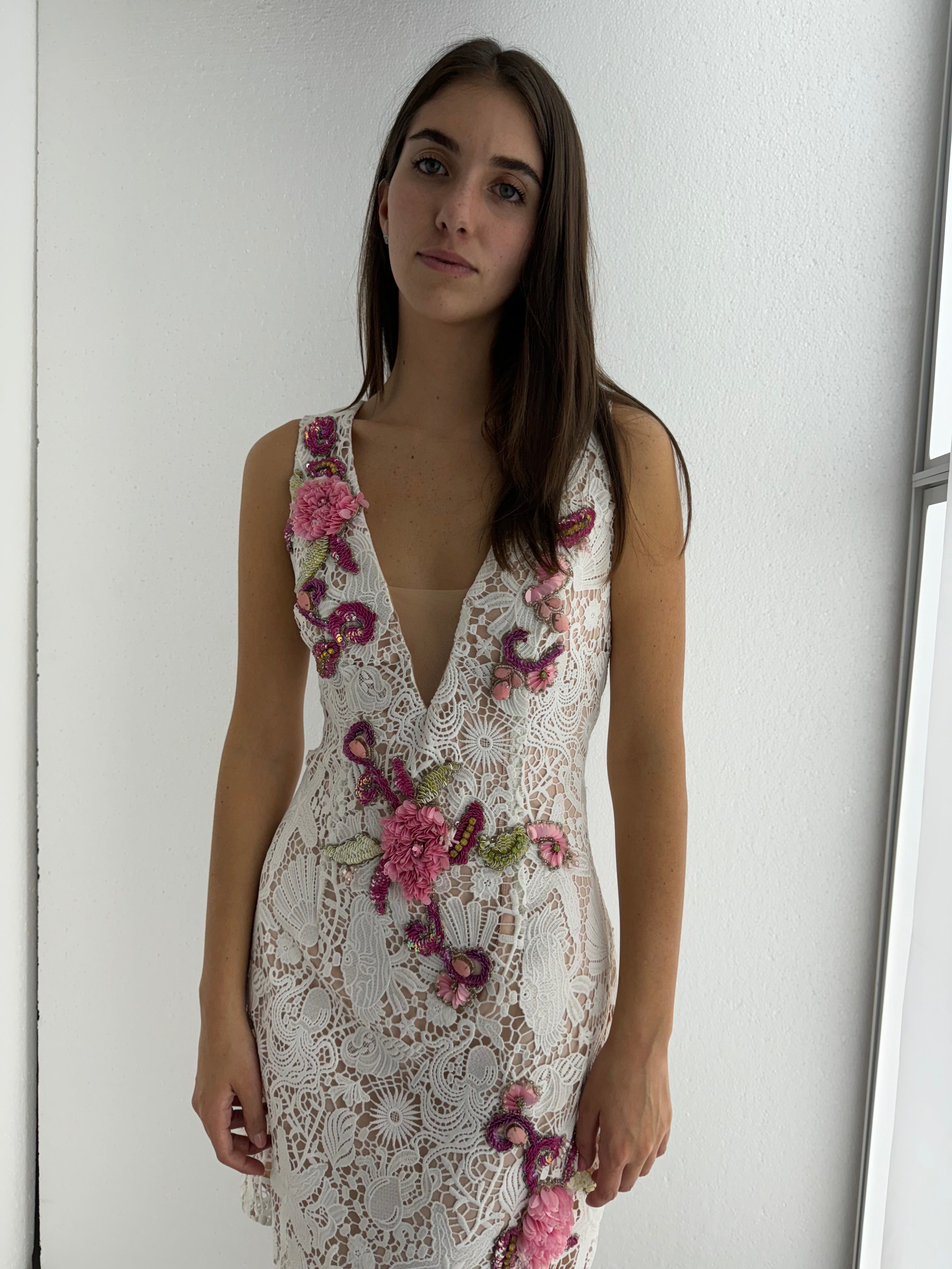 white embroidered dress with pink embroidered